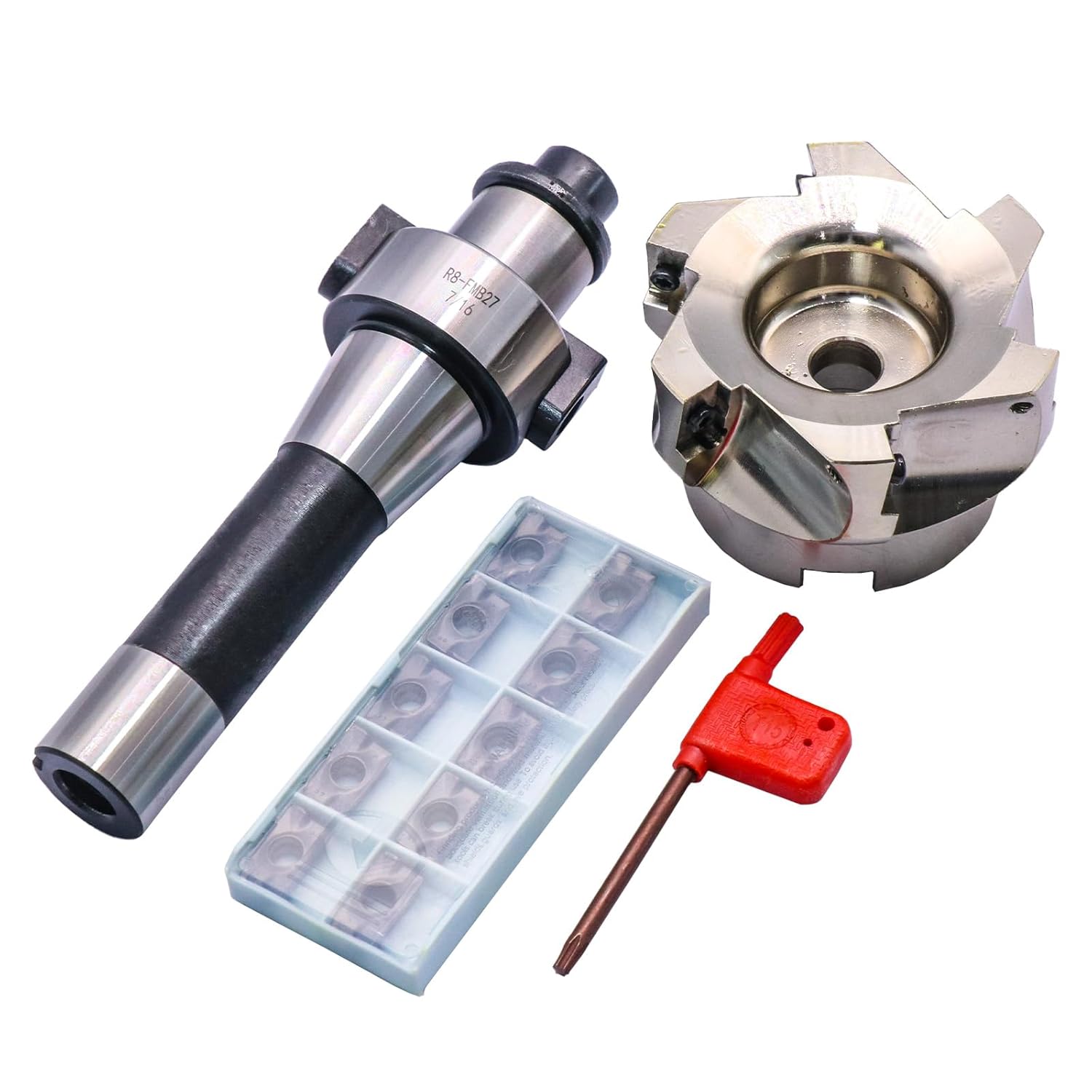 3.15"/80mm Cutting Diameter 90 Degree 6 Flute Indexable CNC Face End Mill Shell Cutter BAP400R 80-27-6T, Shank Face End Mill Arbor R8-FMB27 7/16-20 with 10Pcs APMT1604 Carbide Inserts and T15 Wrench