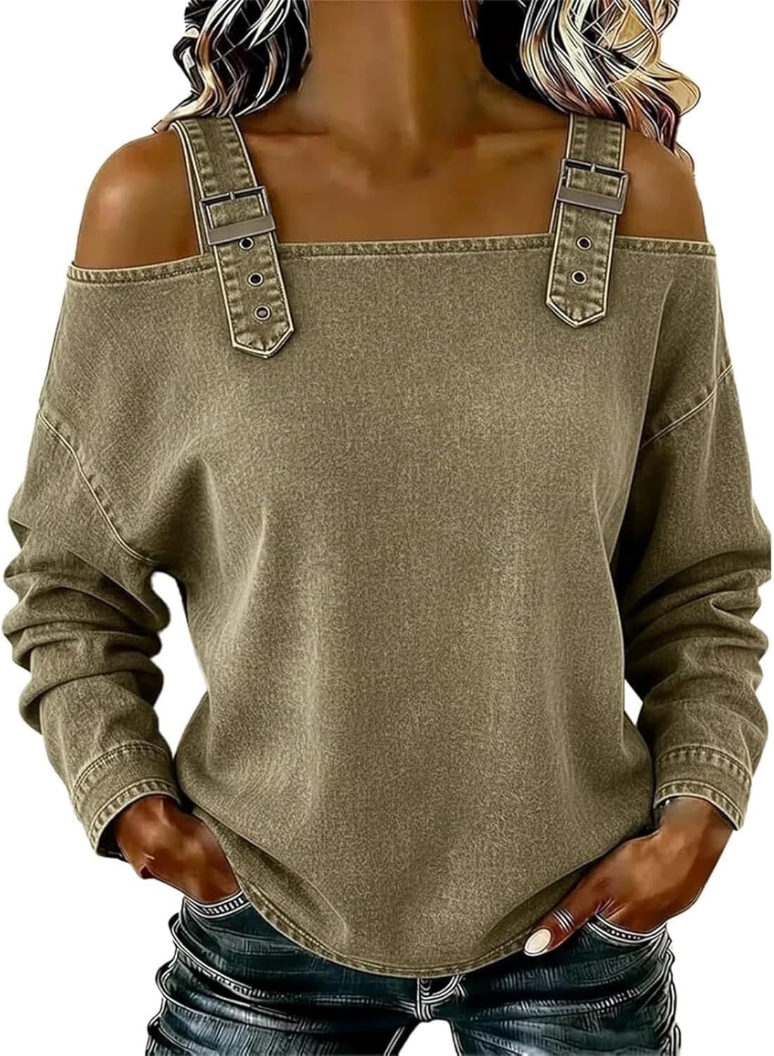 Women's Off The Shoulder Tops Adjustable Straps Cowboy Shirt Long Sleeve Sexy Casual Buckle Strap Denim Tops