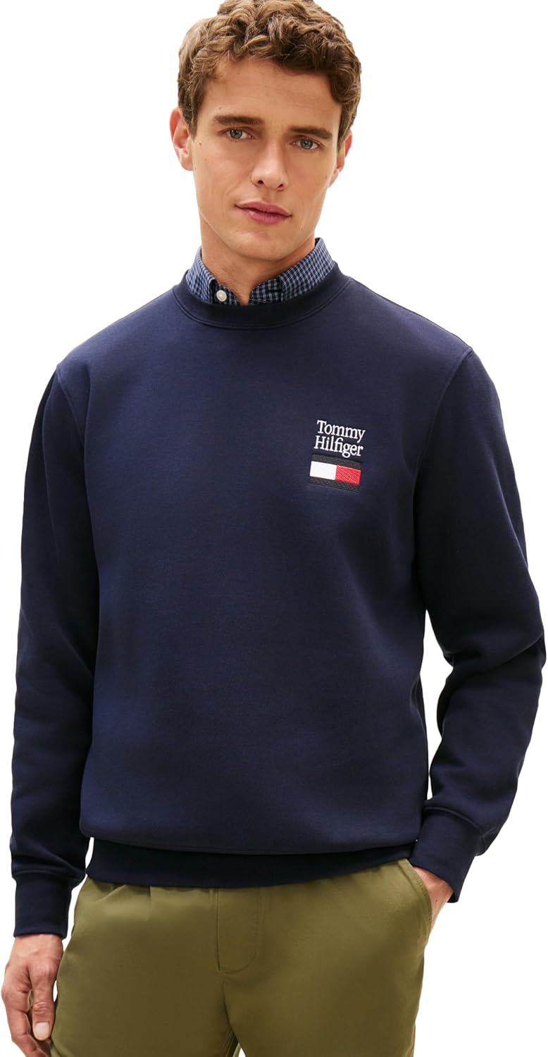 Tommy Hilfiger Men's Medium Weight Crewneck Pullover Sweatshirt With Embroidered Flag Graphic