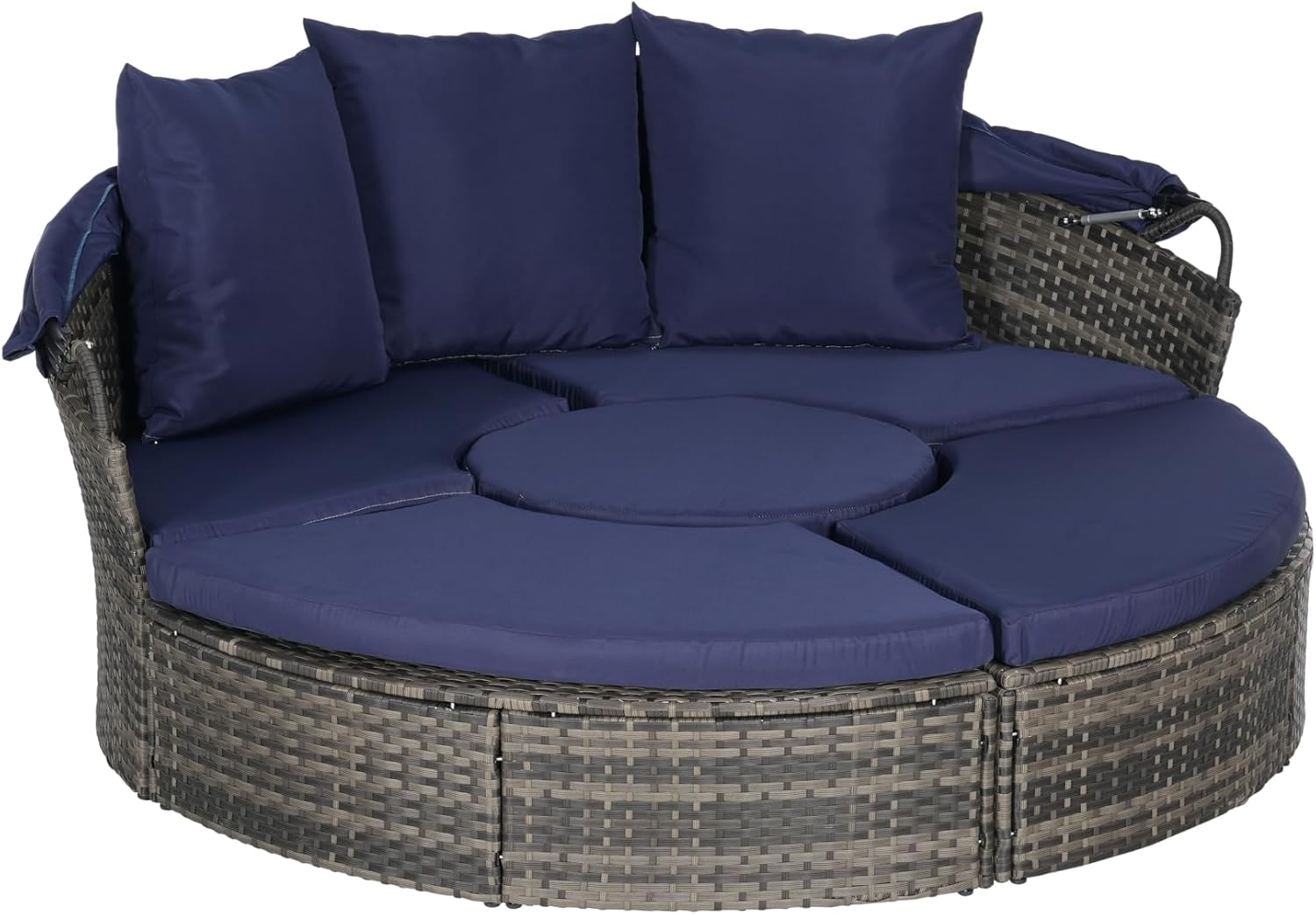 5pcs Outdoor Patio Round Daybed Set, Conversation with Retractable Canopy, Soft Cushions & Storable Table for Porch, Backyard (Dark Blue)