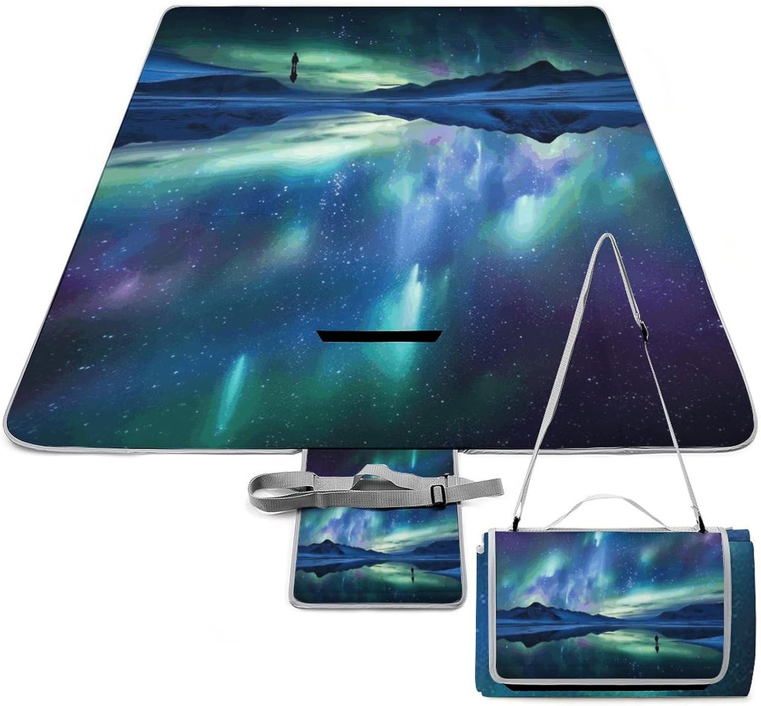 Outdoor Picnic Blanket,Northern Lights Print Picnic Blankets,Large Beach Blanket Sand Free Foldable Portable Camping Blanket, 58.3x58.3