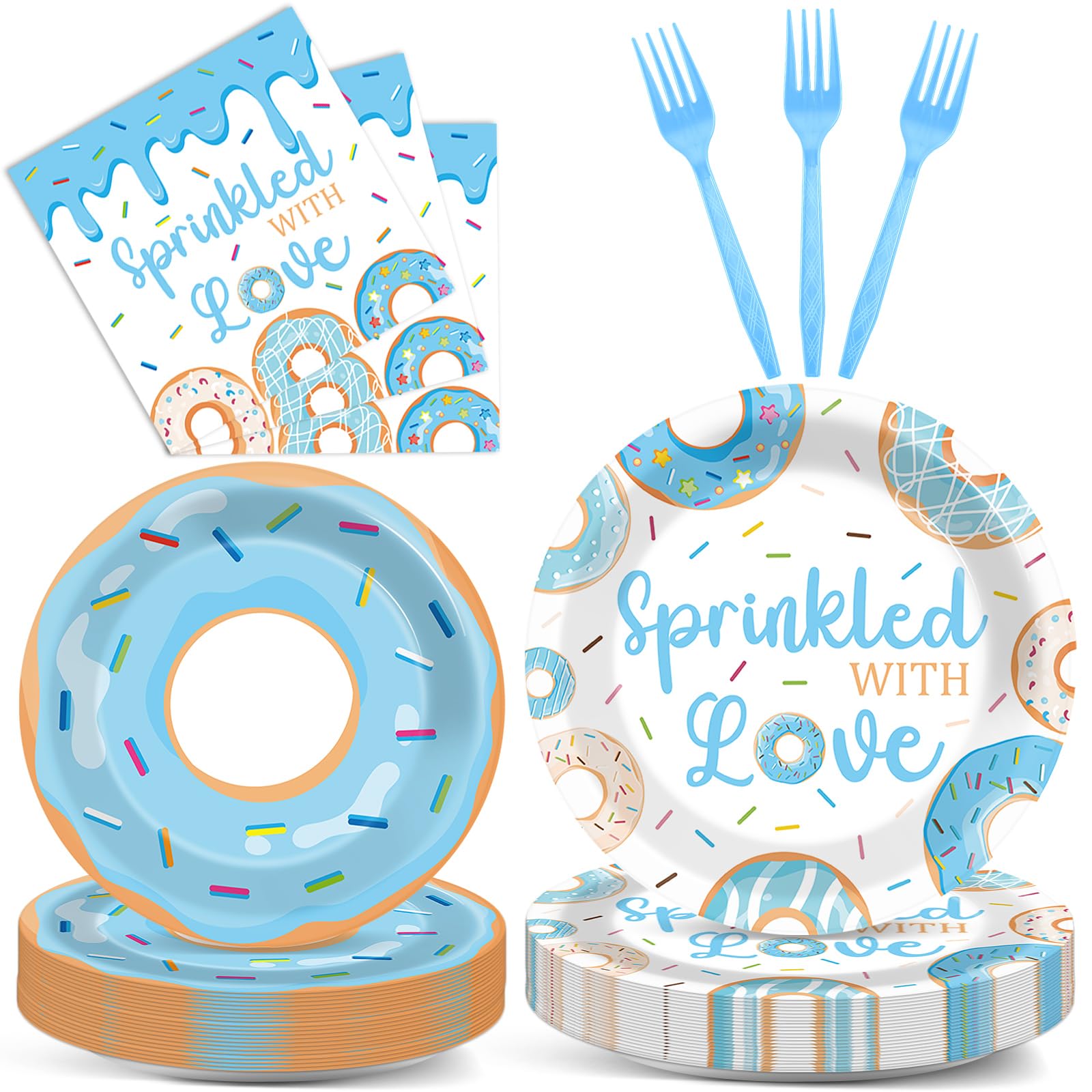 96PCS Blue Donut Sprinkle Party Supplies Donut Baby Sprinkle Birthday Tableware Set Donut Theme Party Plates and Napkins for Boys Blue Sprinkled with