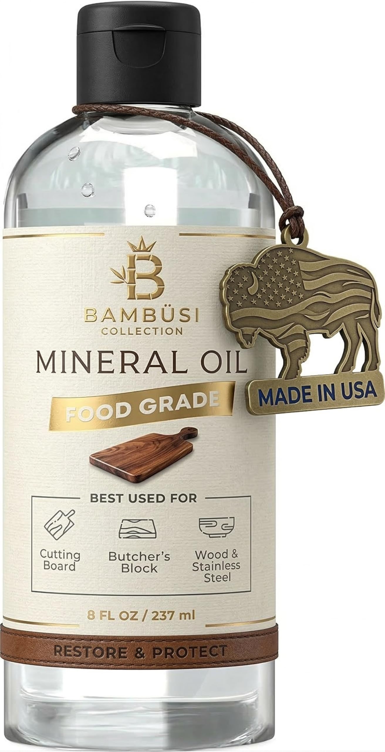 Mineral Oil for Wood Cutting Board - BAMBUSI Food Grade Mineral Oil, Butcher Block Oil Cutting Board Conditioner for Bamboo, Teak, Knife and Meat Grinder Lubricant for Soapstone, Marble, 8oz