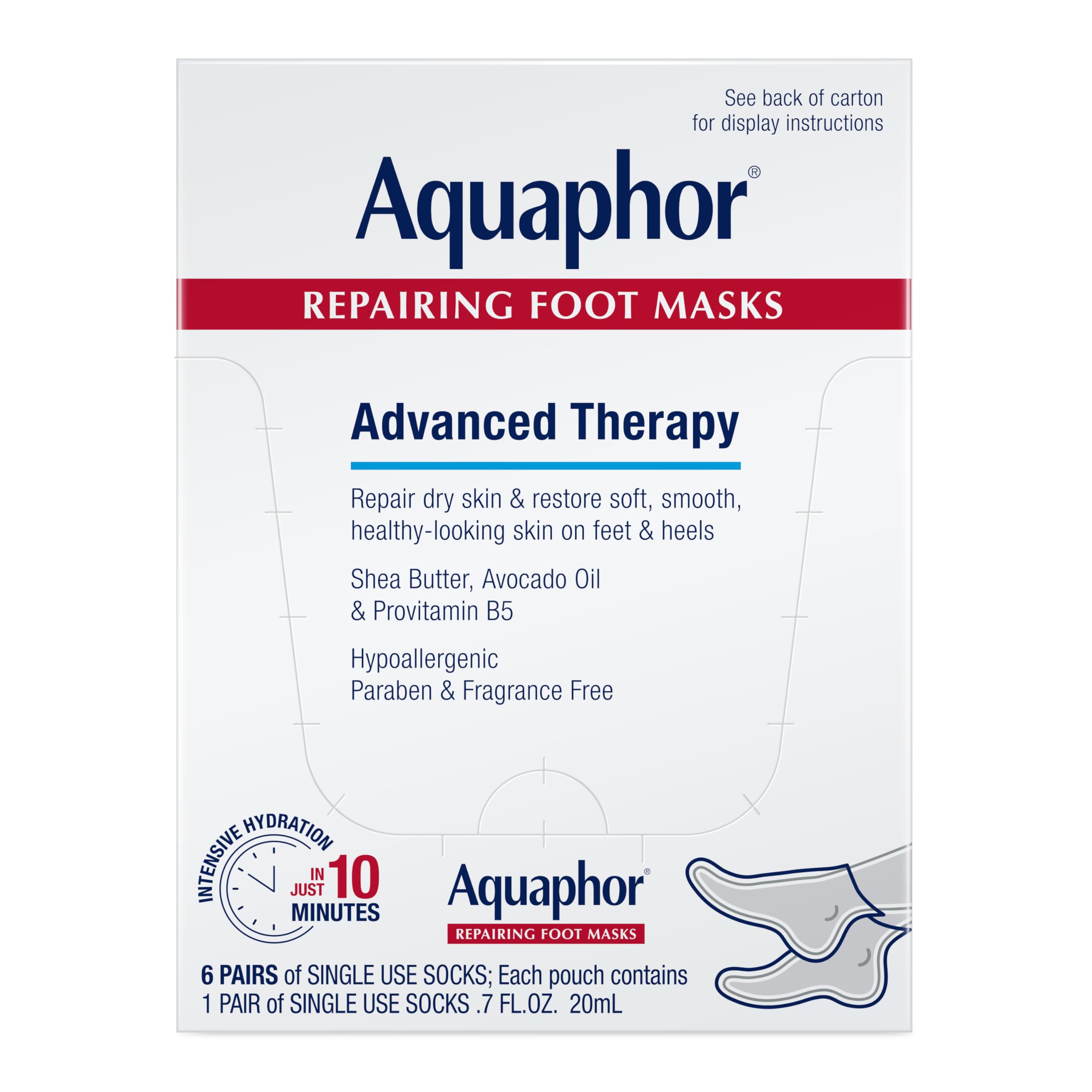 AquaphorRepairing Foot Masks, Moisturizing Socks for Dry Feet, Hydrating Foot Care Treatment with Avocado Oil and Shea Butter, Pack of 6