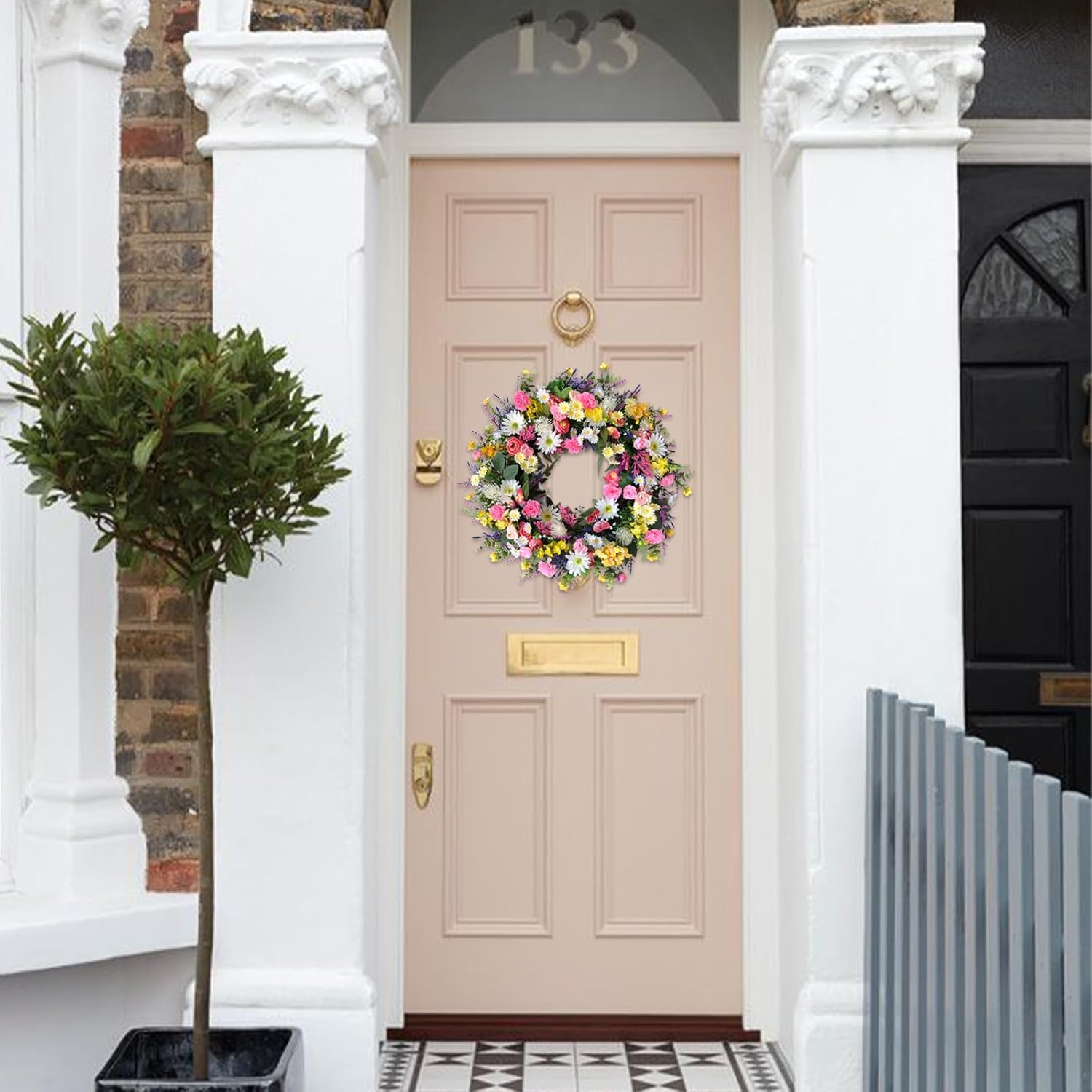 idyllic 22 Inch Spring Summer Wild Flower Front Door Wreath, Everyday Greenery Leaves for Indoor and Outdoor Use, Rustic Farmhouse Style Home Wreath Decor