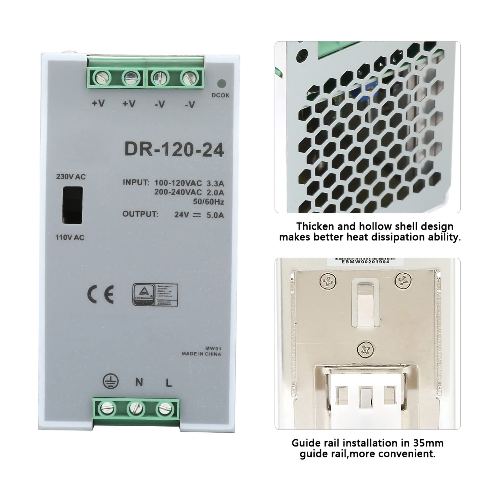 100~240V 24V 5A 35mm Fuente de alimentación de conmutación de carril DIN Eficiente AC/DC Carril DIN industrial Fuente de alimentación de 120W Modulación de ancho de pulso para industrial