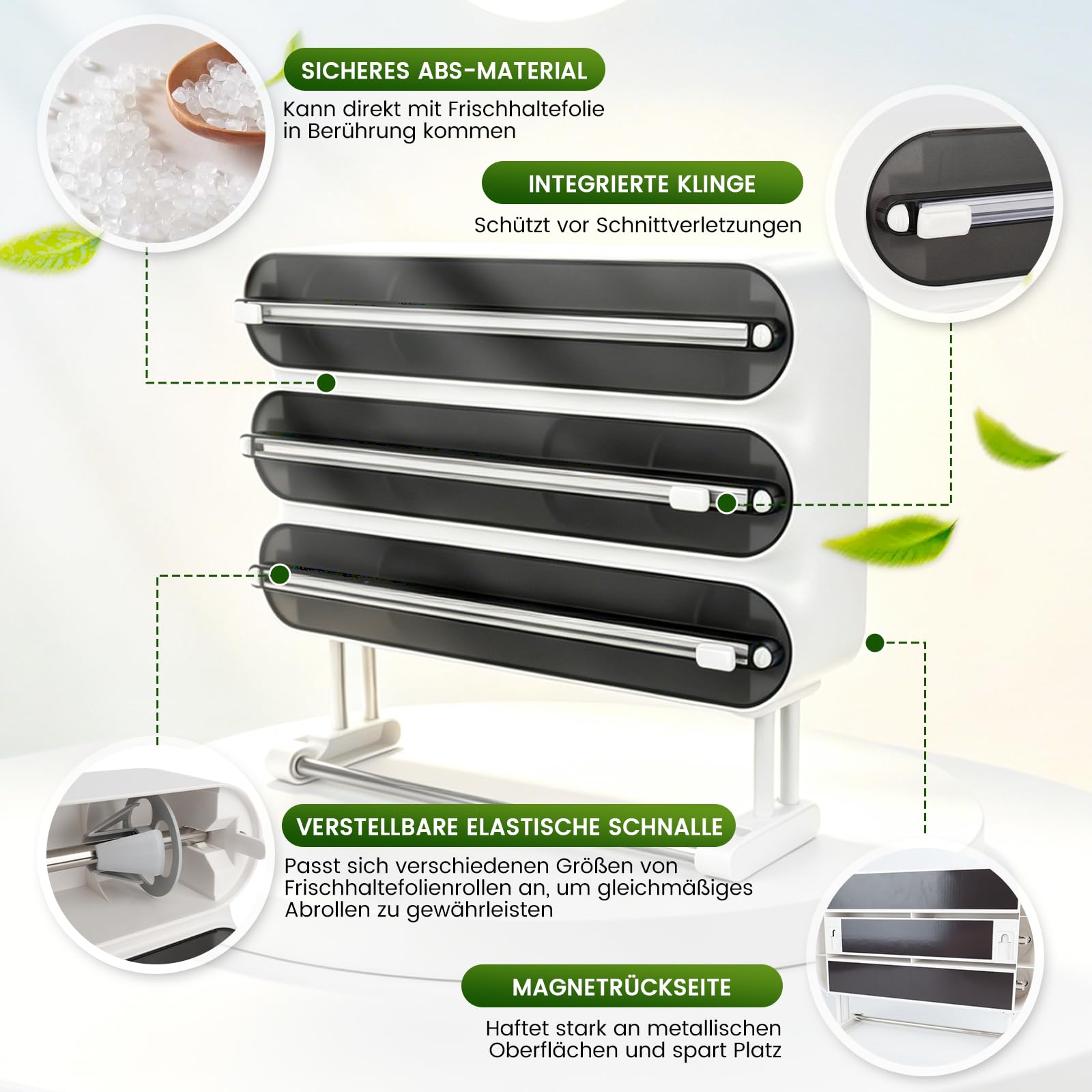 Dispensador de Papel Film y Aluminio & Soporte para Rollos de Cocina 4 en 1, Portarrollos Cocina con Cortador, Sin Taladrar, Pared y Contraparte Magnética, con Clips de Cierre (Negro)