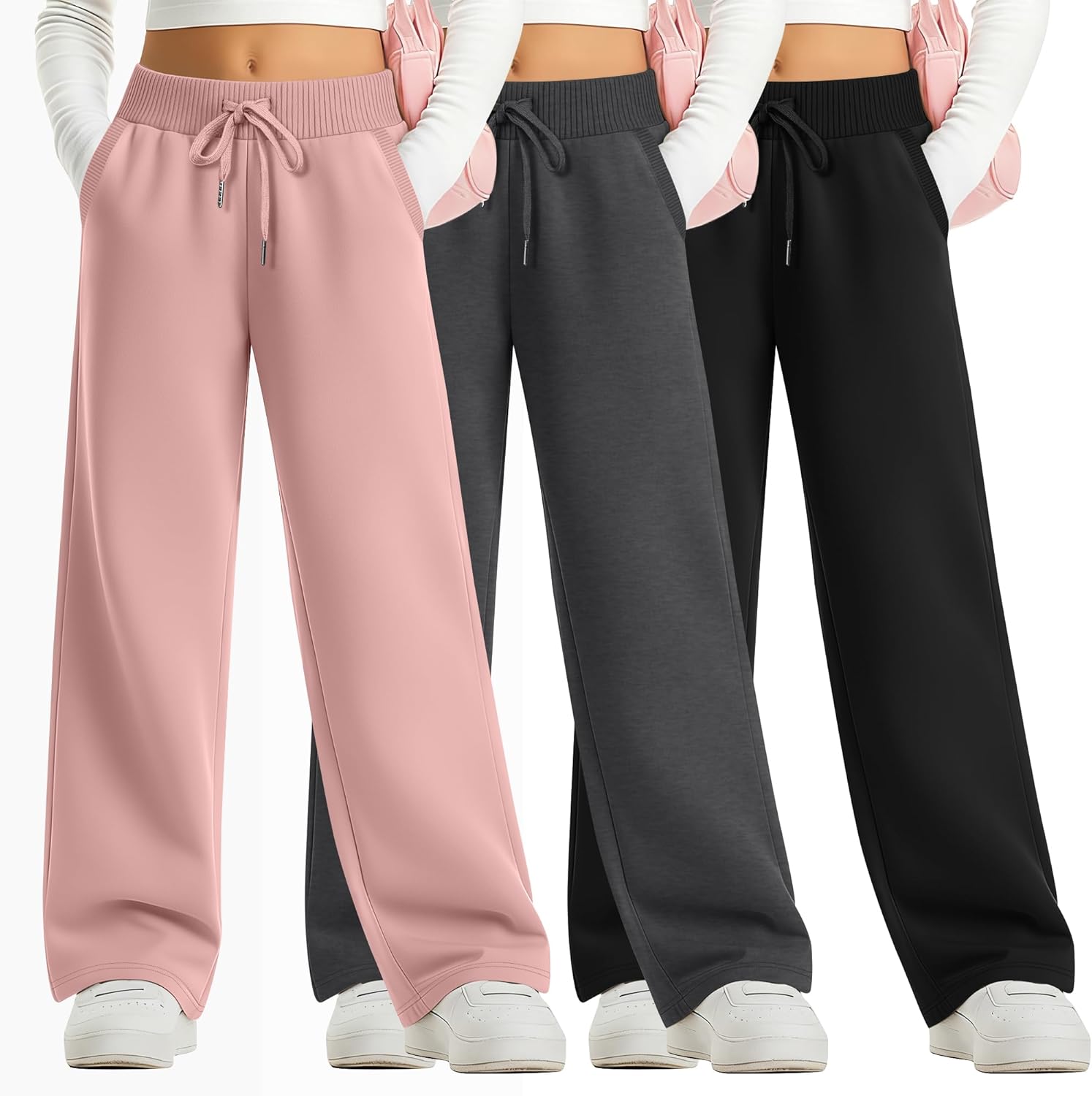 LessonZoo 3 Pack Girls Sweatpants Straight Leg Ribbed Waist Active Joggers Teens Athletic Pants with Drawstring and Pockets