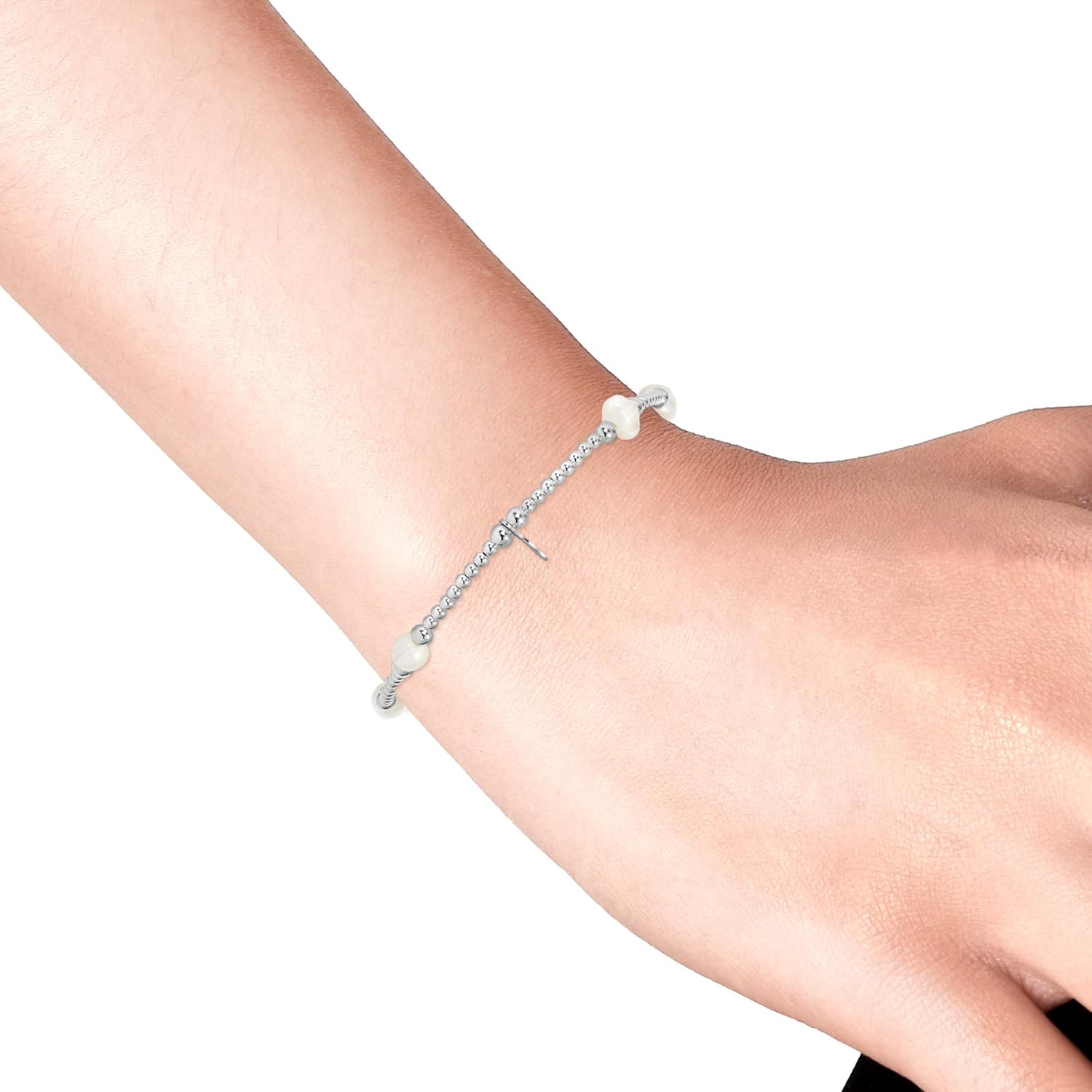 AeraVida Dainty White Cultured Freshwater Pearls and Silver Beads 925 Sterling Silver Stretchable Elastic Bracelet Lightweight Charm Accessory, 7 inch