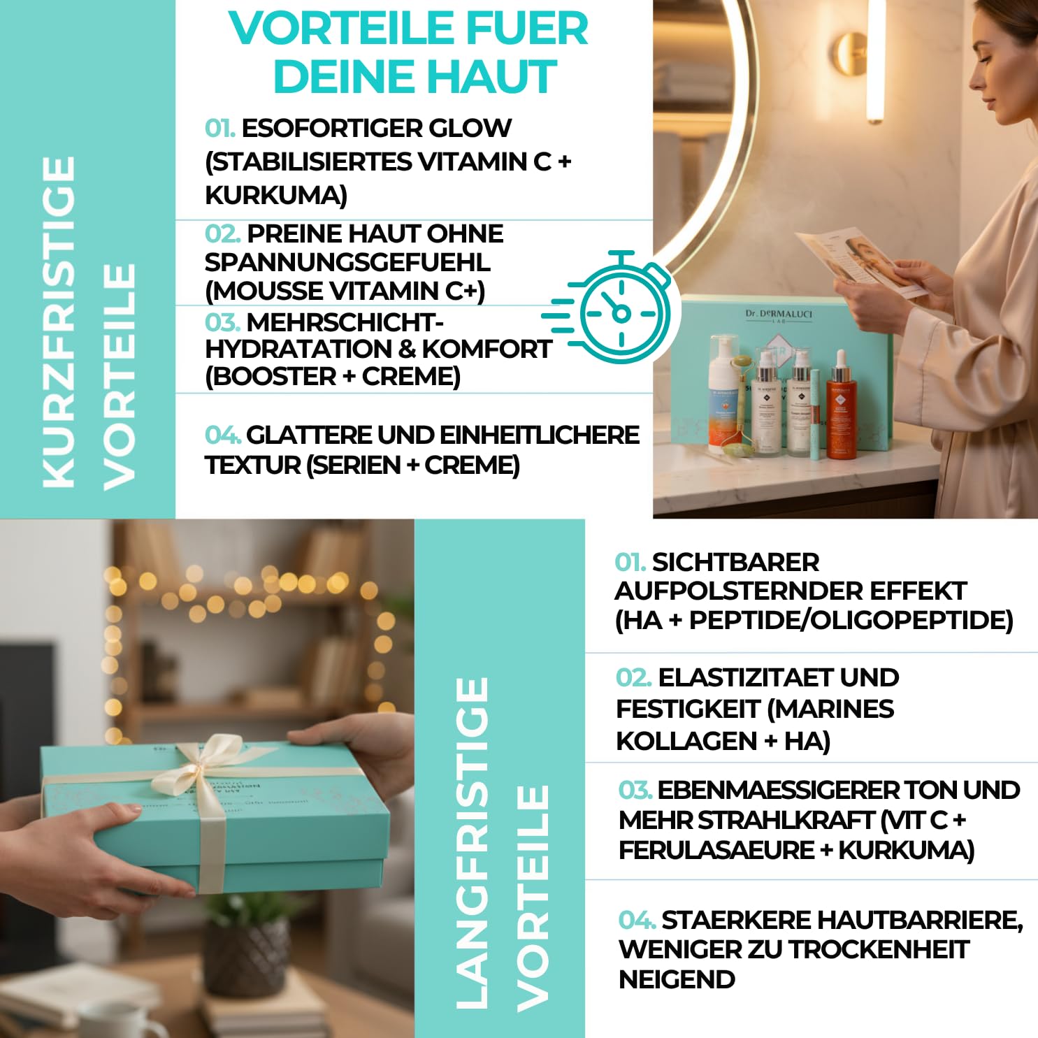Dr. Dermaluci Lab - Geschenkset Damen/Herren BIO 460ml - Anti-Aging, Strahlend - Mousse + Vitamin C Serum + Booster + Kollagen Creme + Jade Roller + Wimpernserum - Made in Italy