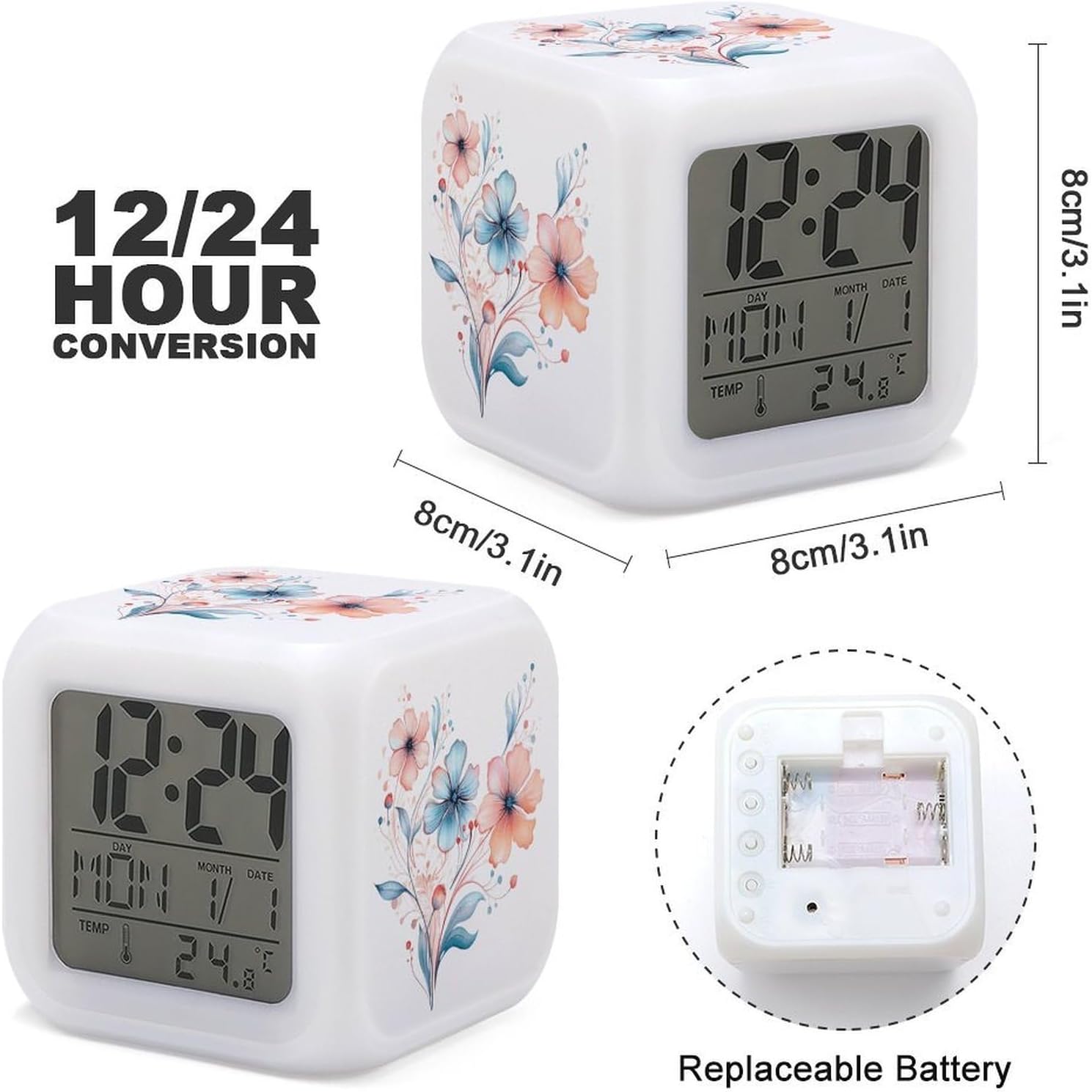 Night Light Alarm Clock, 7 Color Changing, Cute Watercolor Flowers image 3