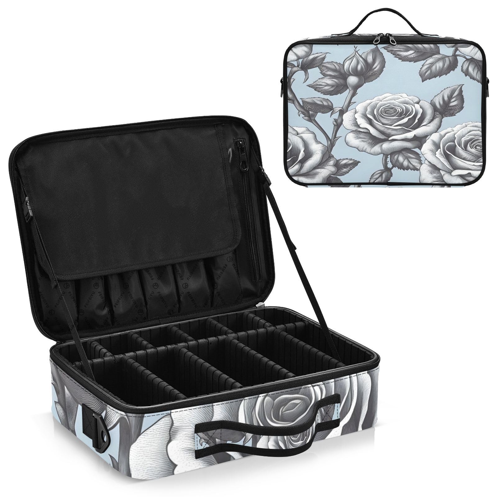 zyrtty Travel Makeup Train Case Black Grey Flower Pattern Cosmetic Organizer Portable Storage Bag with Adjustable Dividers for Cosmetics Brushes Toiletry Jewelry Digital Accessories