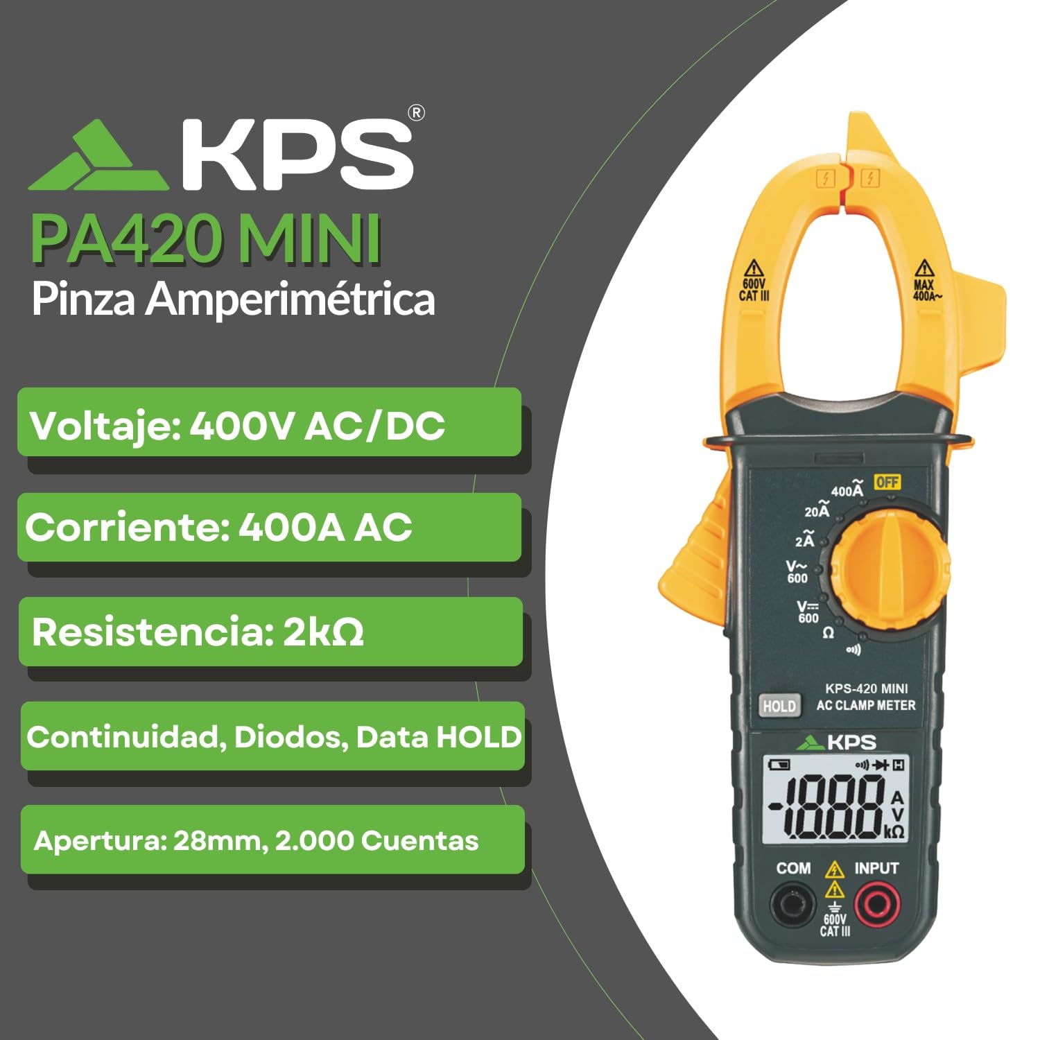 KPS-PA420 Mini Pinza Amperimétrica digital 2000 cuentas, Tensión AC/DC 600V, Corriente AC 400A, y Resistencia 2KΩ, Retención lecturas, avisador de continuidad y prueba de diodos. CAT. III 600V