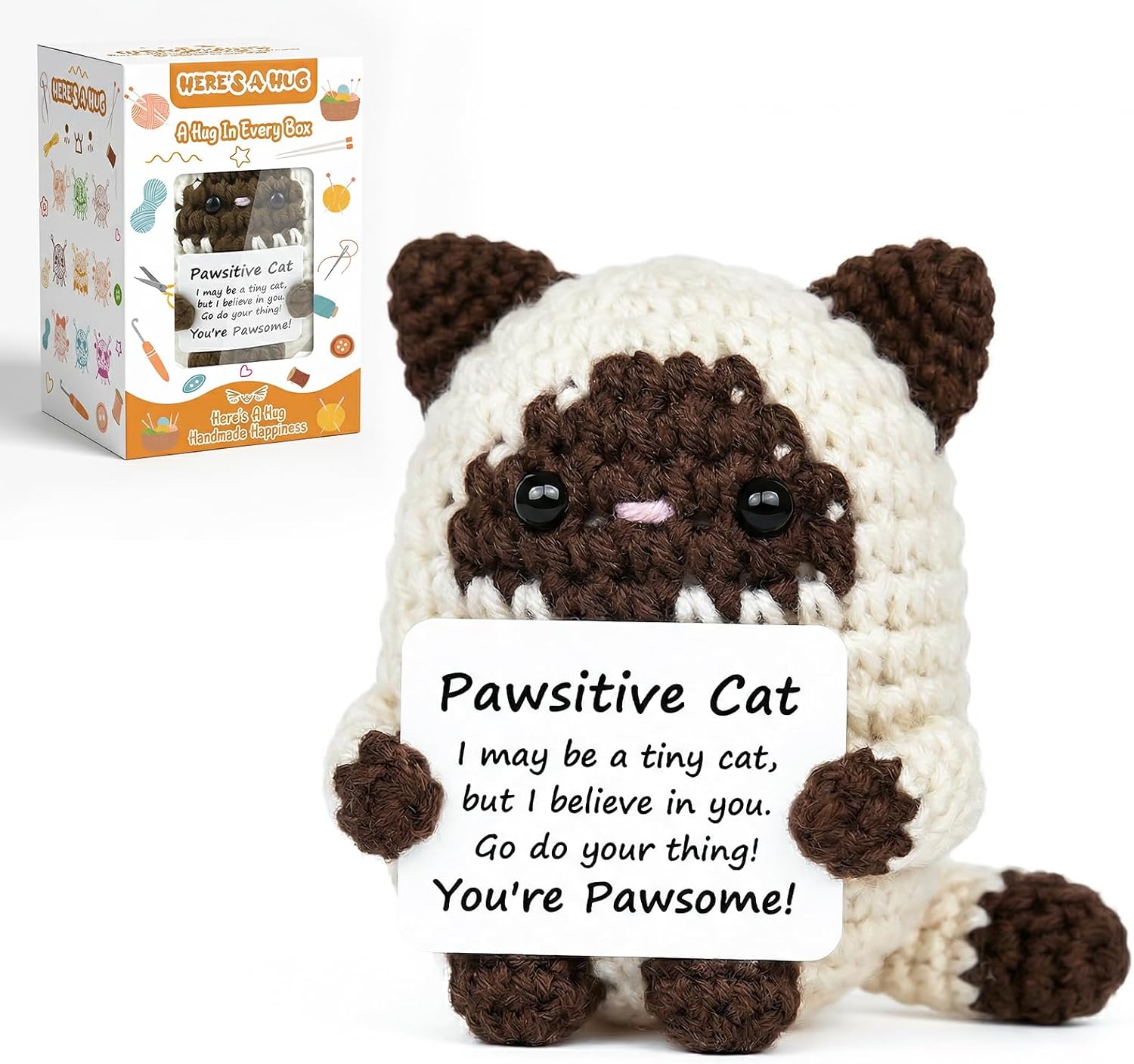 Handmade Positive Siamese Cat, Easter Basket Stuffers for Teens Boys Girls,Mini Brown Cat Crochet Animal, Emotional Support Cat, Birthday Mothers Day Graduation Gifts for Son Daughter Women Friends