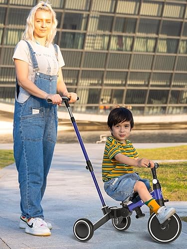 Miniatura 8 de XJD Bicicleta para niños pequeños, triciclo plegable 6 en 1 para niños de 1 a 4 años con mango de control parental, bicicleta de equilibrio con