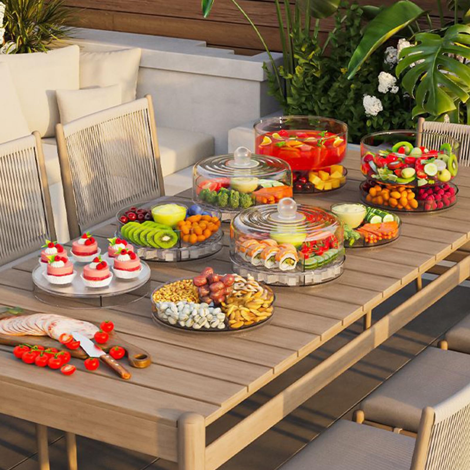 Bandeja giratoria refrigerada con tapa, servidor de aperitivos de 4 compartimentos para mariscos, picnic, camping y fiestas de cumpleaños, ideal para almacenamiento de alimentos fríos al aire libre