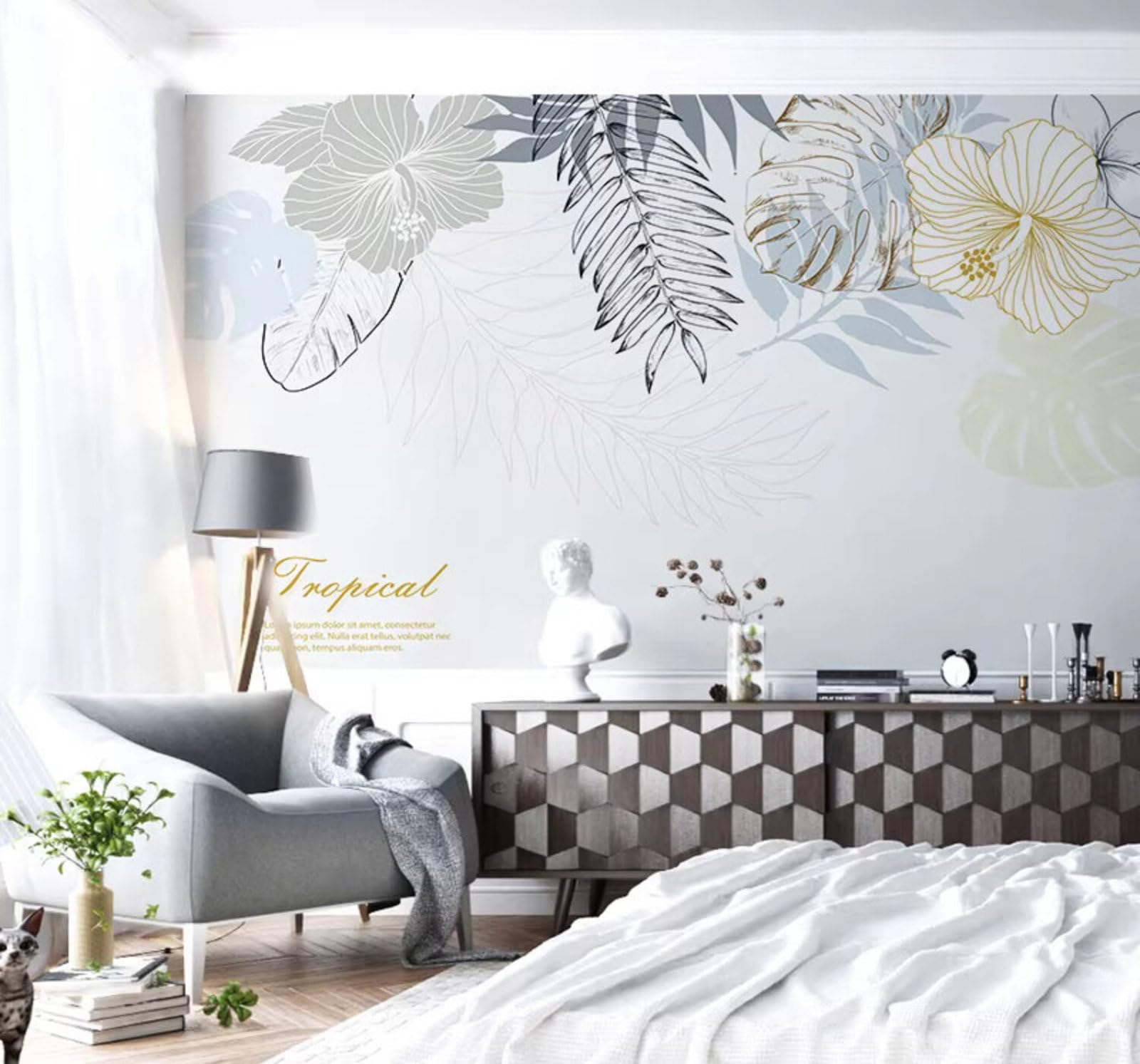 Fresh and Minimalist Hand Drawn Leaves Flowers 3D Wallpaper Easy Install Feature Office Living Room Sofa Bedroom TV Background Wall Decoration-150cm×105cm