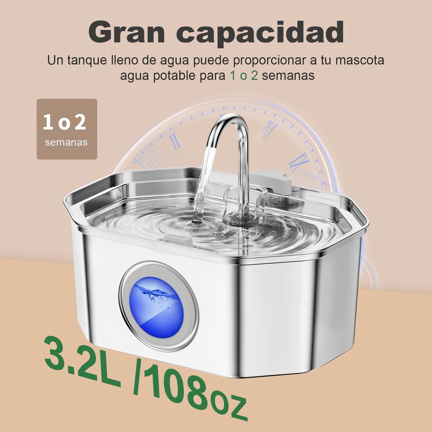 Apauk 3.2L Fuente para Gatos Acero Inoxidable, Bebedero Gatos, Silencioso Fuente de Agua para Gatos y Perros pequeños, con Ventana LED, Sistema de Filtro Multicapa(2 Filtros & 2 Esponjas)