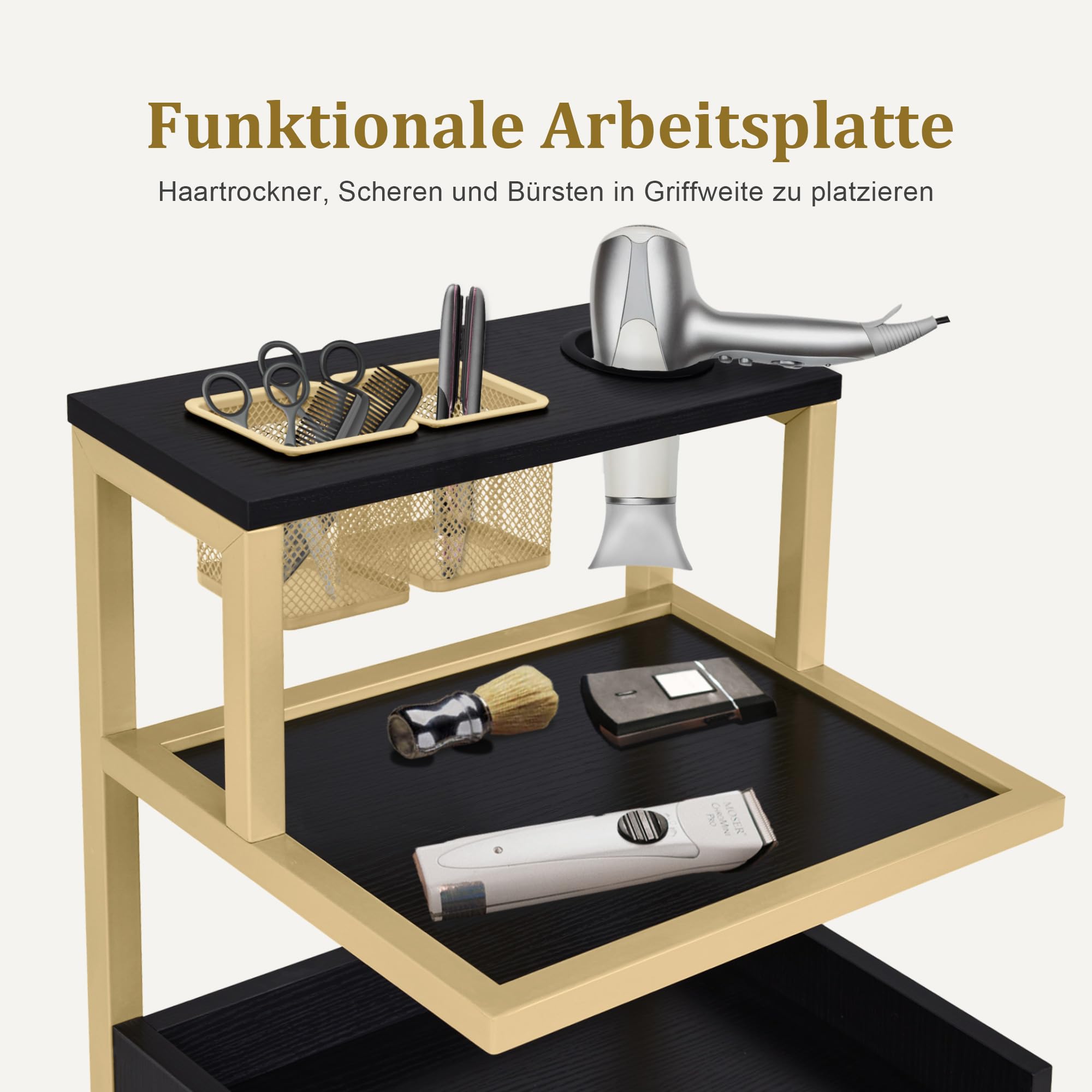 Barberpub Carrello per parrucchieri con ruote e 2 cassetti, carrello di servizio, carrello da salone con 2 ripiani e porta asciugacapelli, carrello da lavoro moderno, 32x37x87cm, 0029 (Nero-oro)