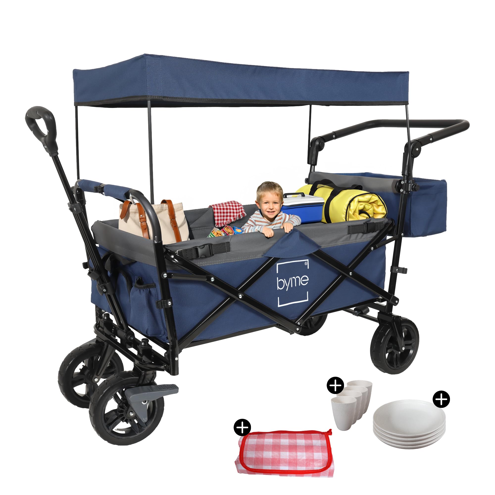 byme Bollerwagen faltbar mit Dach, 150 kg, Picknick-Set und Bremsen