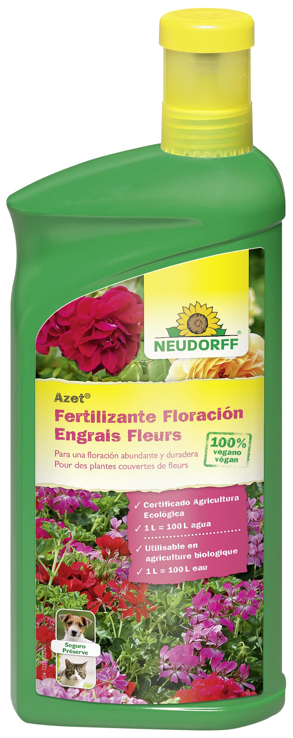 Neudorff Azet Fertilizante Floración – Abono líquido 100% vegano que estimula una floración abundante en geranios y otras flores, 1 Liter