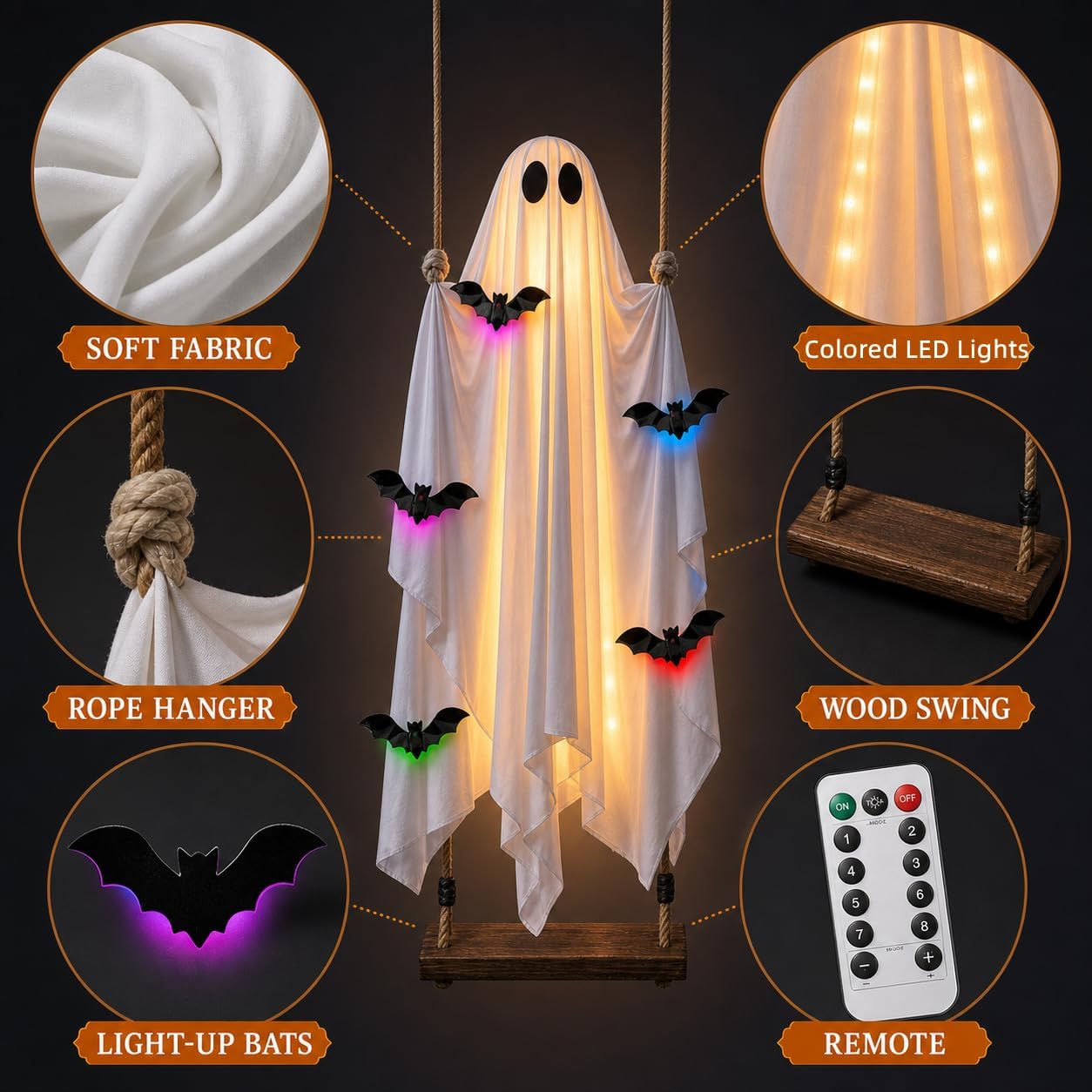 5FT Halloween Hanging Swing Ghost Decorations Outdoor with Lights, Large Hanging Swing Ghost with 6 3D Bats, Remote Timer Waterproof Ghost Decor for Front Porch Yard Tree image 5
