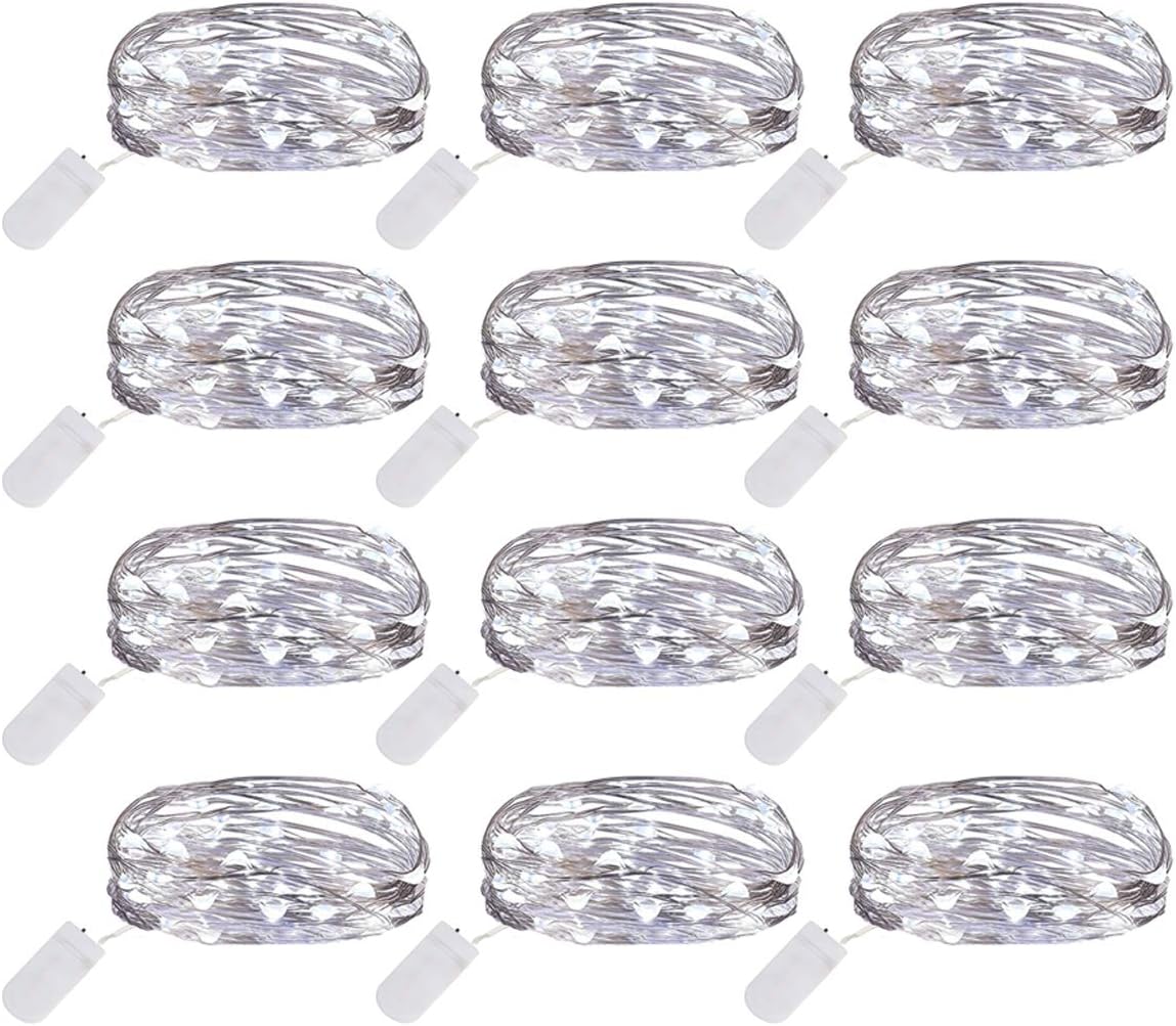Ehome Fairy String Lights, 12 Pack Fairy Lights Battery Operated, 7.2ft 20LED Christmas Lights Silver Coated Copper Wire Lights Firefly Lights Moon Lights for Party Christmas Decorations White
