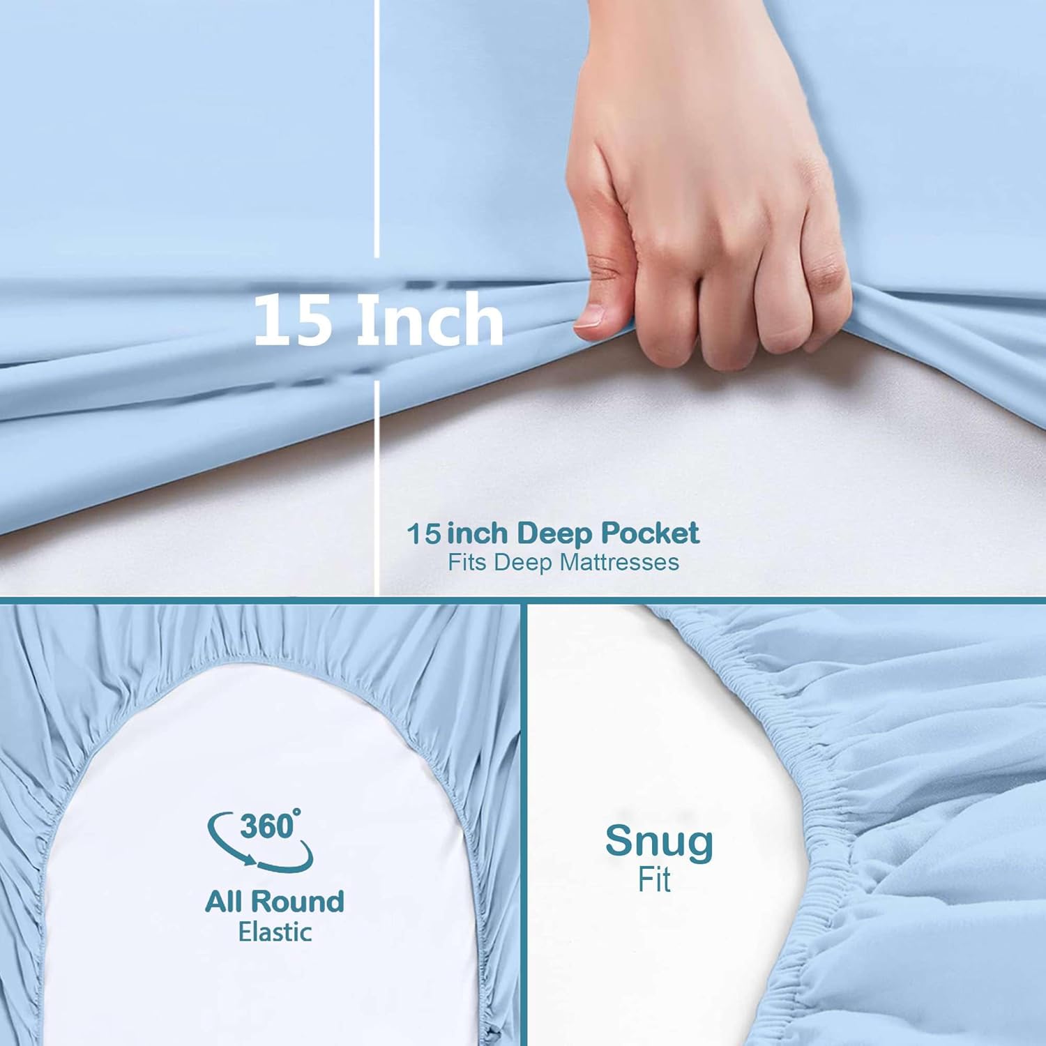 Ready To Rest 100% Egyptian Cotton Queen Sheet Set - 4 Piece Sheets with 15" Deep Pocket, Soft & Comfy, 1 Fitted Sheets + 1 Flat Sheet & 2 Pillowcases (Light Blue Solid)