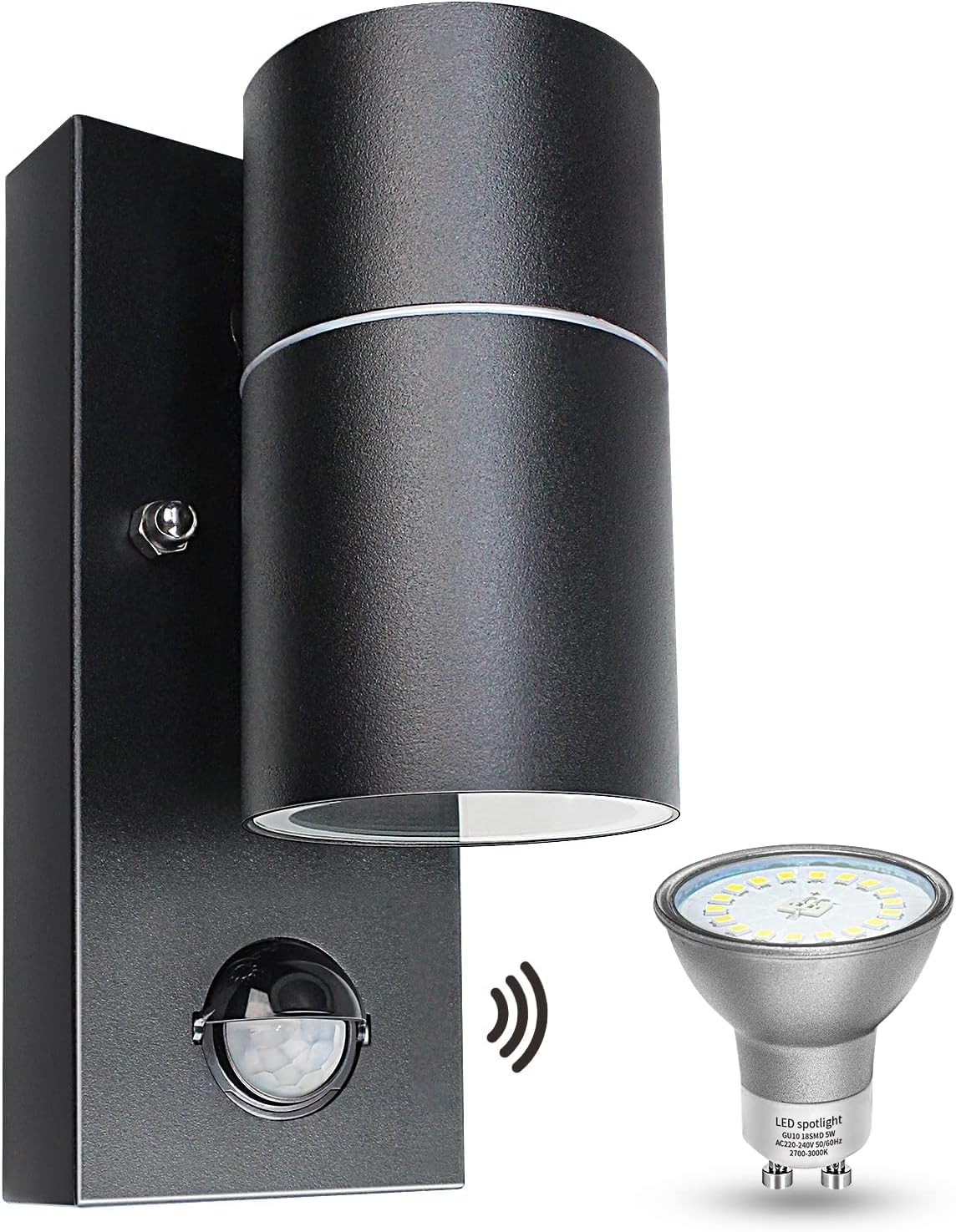 Applique da Esterno/Interno LED con Sensore di Movimento GU10,Luce Calda 5W,Lampada da Parete Esterno IP44 Faretto da Parete Moderno Nero per Scala,Corridoio,Balcone,Villa Bagno