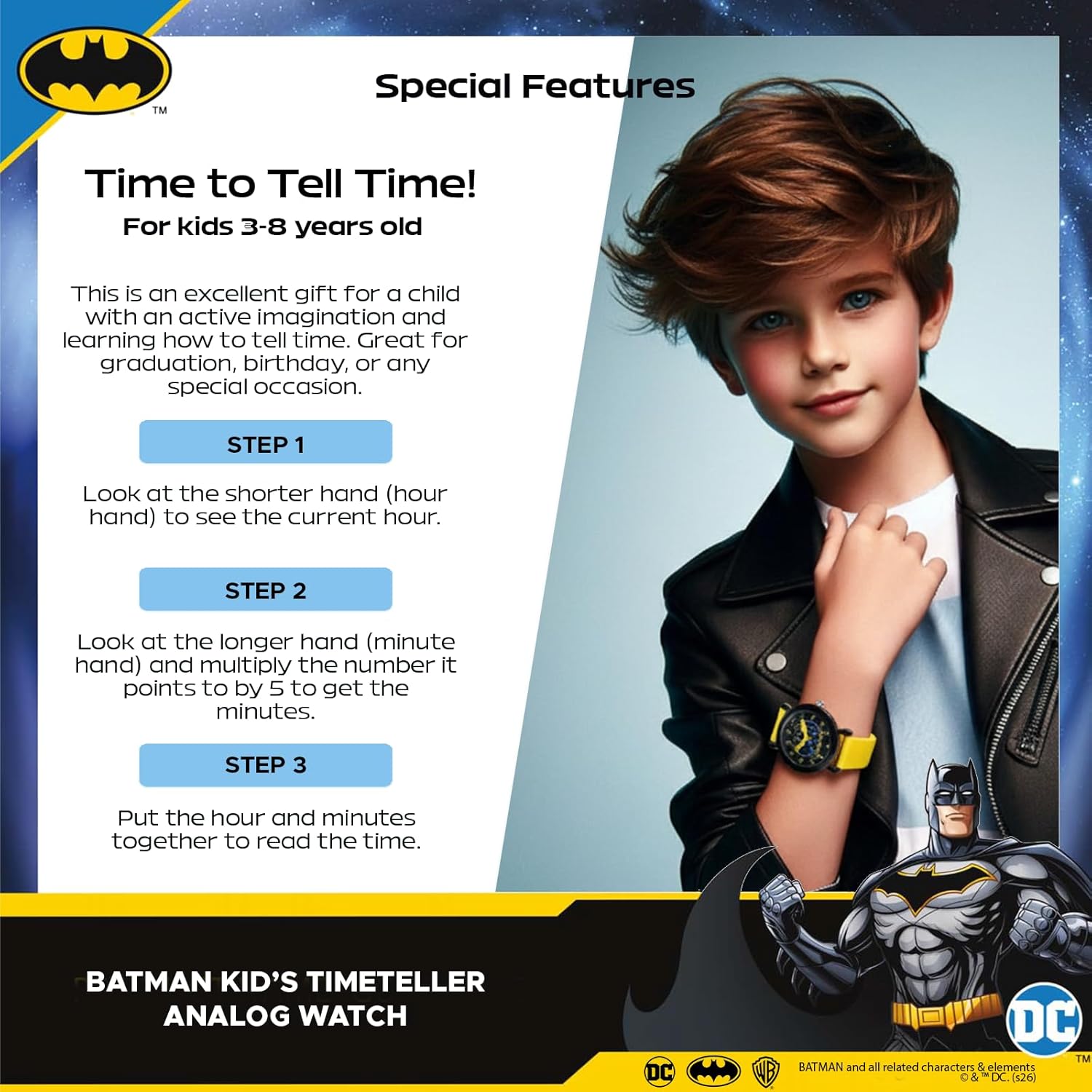 Warner Brothers DC Comics Batman Watch for Kids Ages 4–7 – Featuring Luminous Character Dial, Easy-Read Hour & Minute Hands – Batman and Robin Toys – Watches for Toddlers