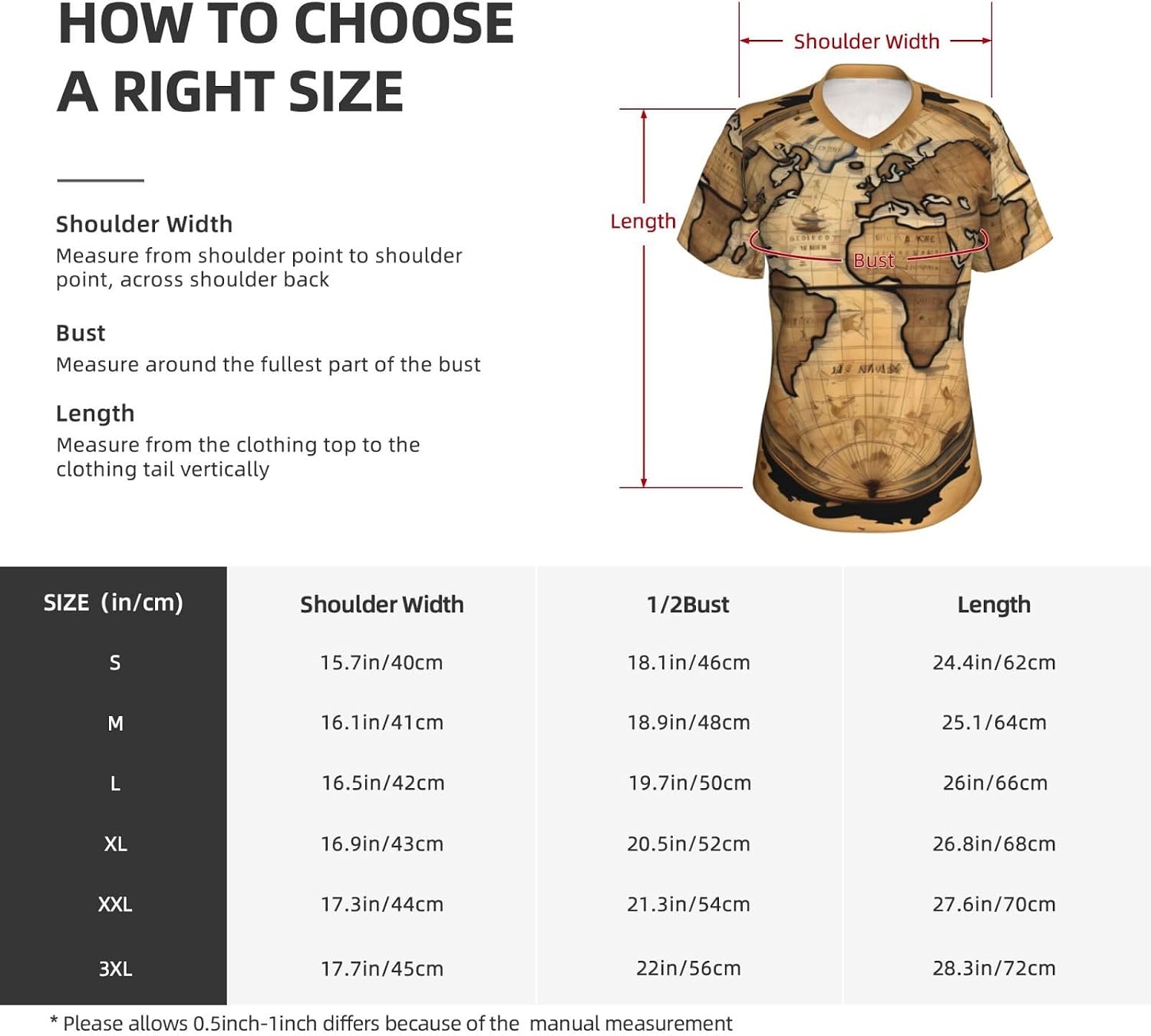 Women Casual Ancient Map World Globe Print V-Neck T-Shirt Short Sleeve Summer Trendy Tops.