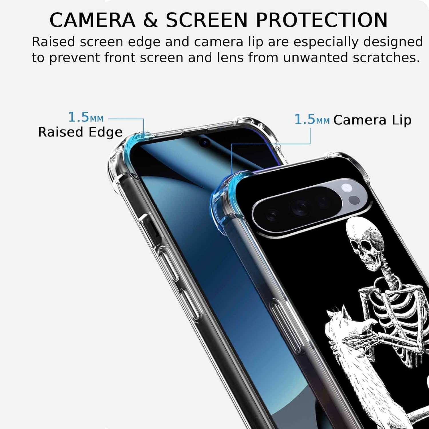 Case for Google Pixel 10/10 Pro with Skull Design,Cool Skeleton and Cat Pattern,Clear Slim Soft TPU Bumper Phone Cover,6.3”(Skull,P10)