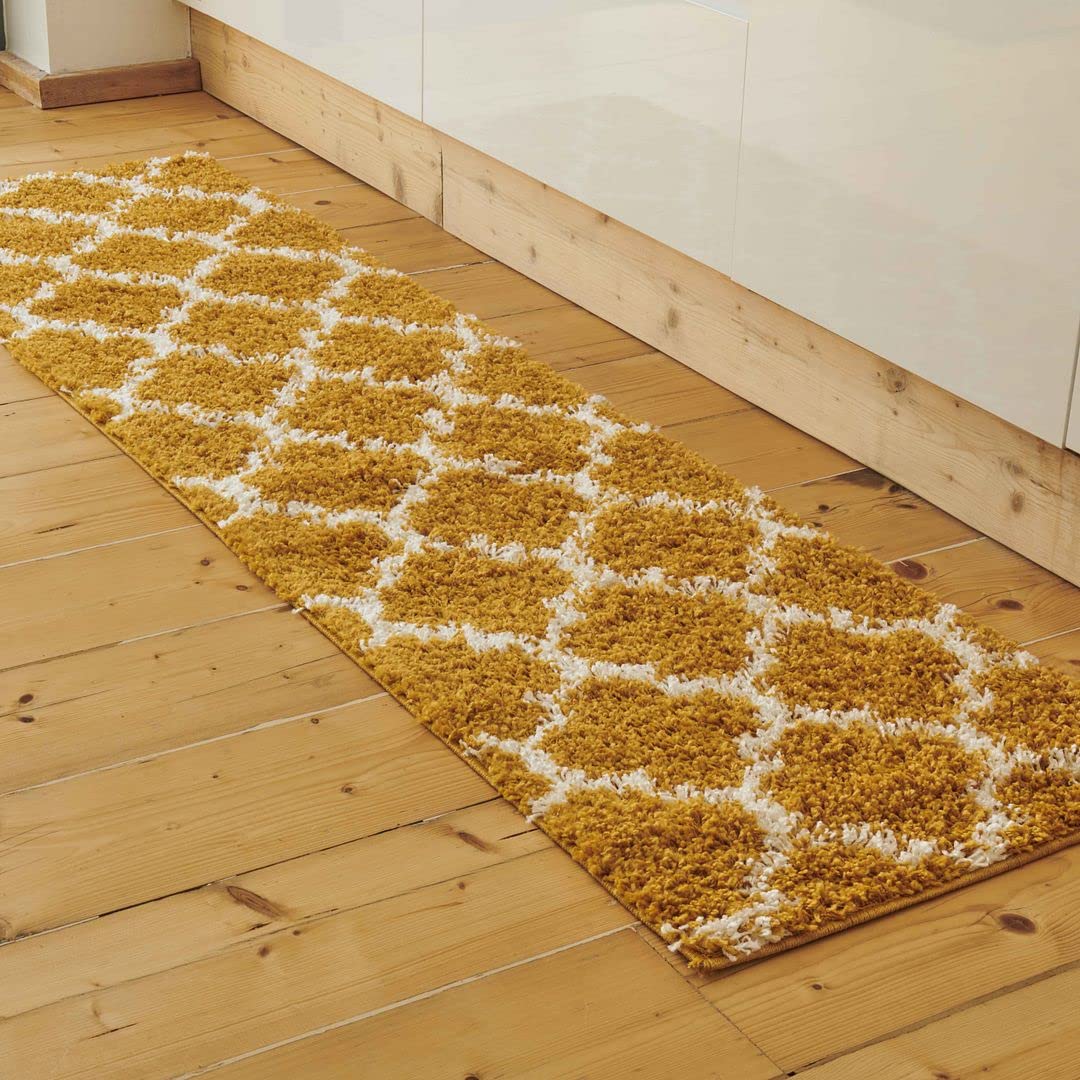 Modern Durable Plush Moroccan Trellis Mustard Ochre Yellow Shaggy Runner Rug Mottled Speckled Cream Warm Hall Hallway Bedside Fireplace Rugs 61cm x 241cm 61cm x 231cm