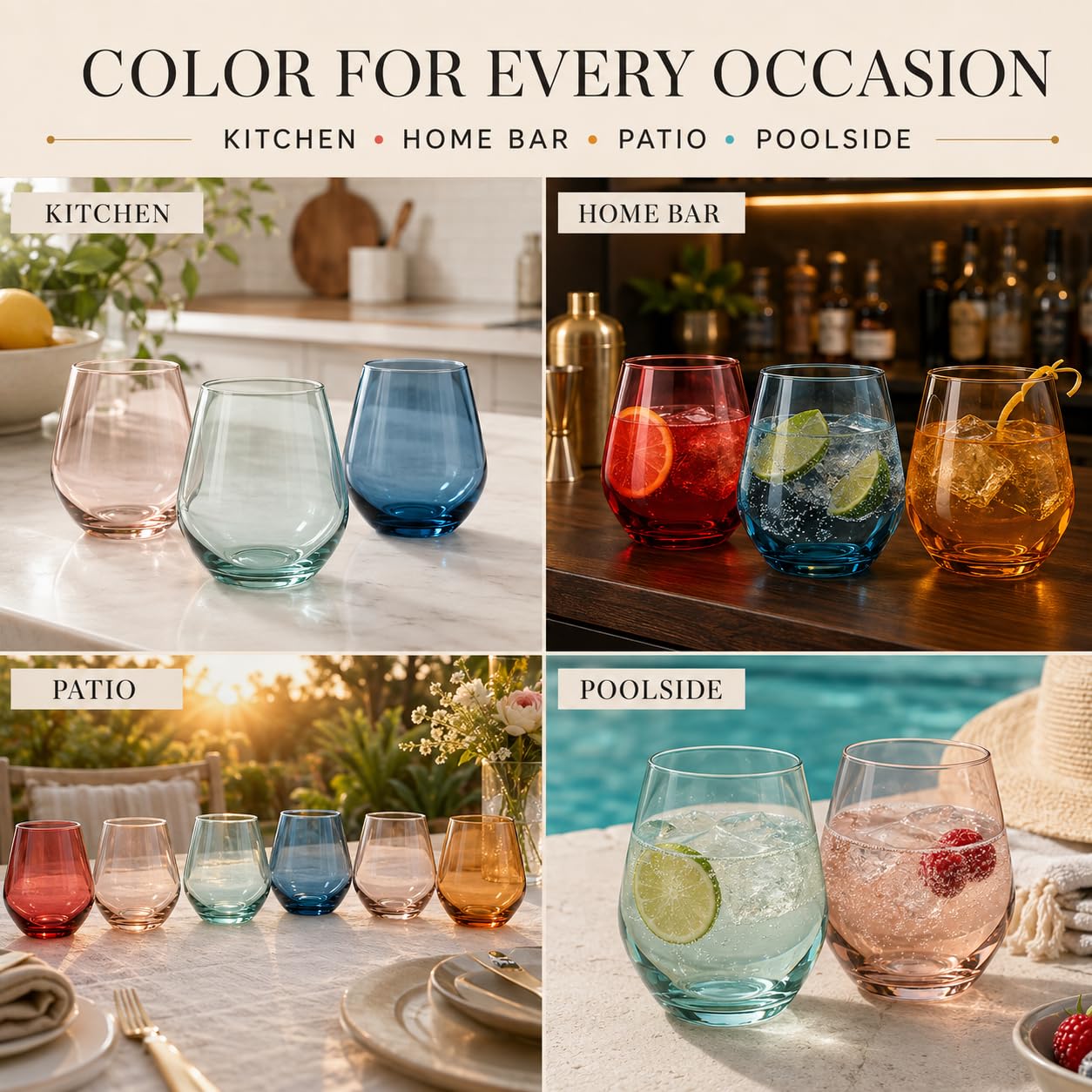 Colorful Wine Glasses Set - 6 Stemless Goblets -3 Colorful Wine Glasses Set - 6 Stemless Goblets -3
