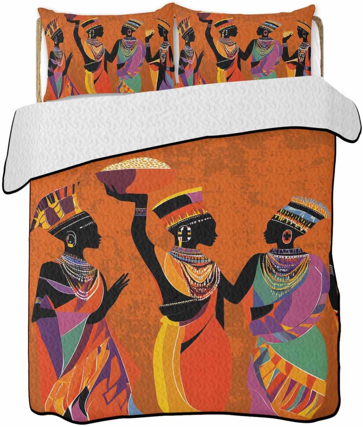 Black Orange Girls Boho Quilt Full Size, Retro Ethnic Abstract Art Reversible Quilt Bedding Set with 2 Pillow Shams for Summer, Lightweight Soft Bedspread Coverlet Comforter Set for Bed Couch 78"x90"