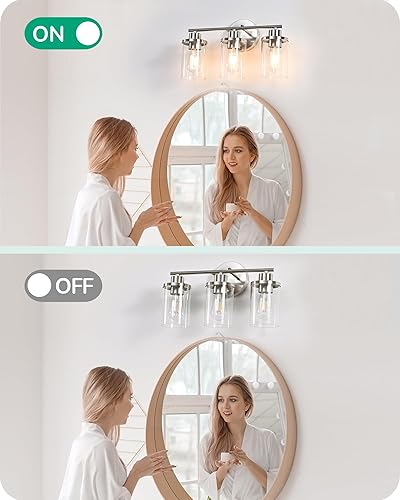 Miniatura 7 de EDISHINE Lámparas de baño, lámpara de tocador de baño de 3 luces sobre espejo, apliques de pared de níquel cepillado con pantalla de vidrio