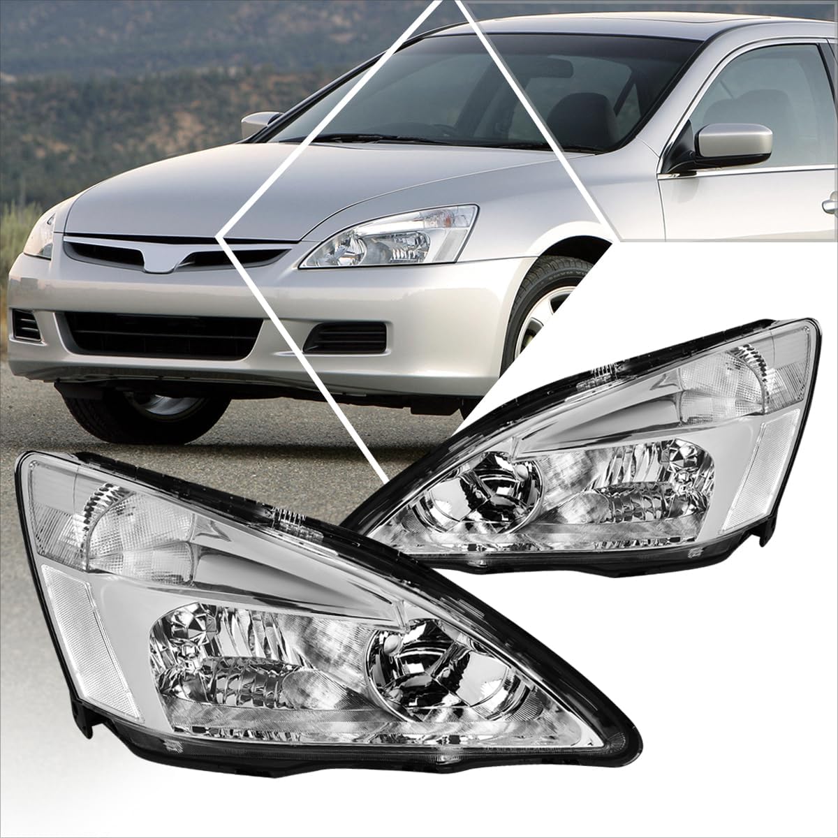 PM PERFORMOTOR Headlights Assembly Compatible with 2003-2007 Honda Accord, Pair of Halogen Headlamps with Chrome Housing Clear Corner