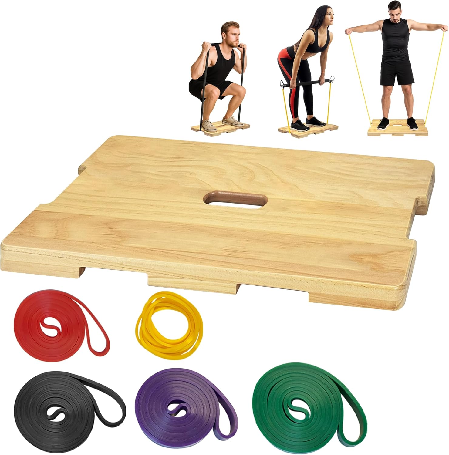 Wood Fitness Board with 5 Resistance Bands, Wooden Exercise Platform for Resistance Band Exercises, Home Workout for Stretching, Strength, Flexibility, Home Gym Tool(Not Include Rods)