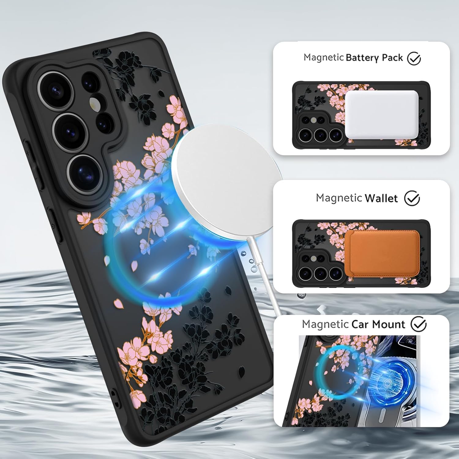 OOK Case Fit for Samsung Galaxy S26 Ultra 6.9 Inch (Wireless Charging Compatible) Pink Floral Flowers Design Translucent Phone Cover Soft TPU + Hard PC Anti-Scratch Shockproof Magnetic Case for Women