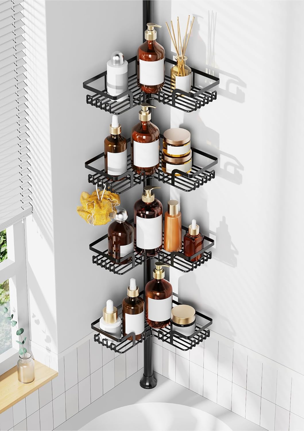 ZUNTO Tension Pole Shower Caddy Corner for Bathroom, Adjustable 25in-114in Floor to Ceiling, Standing Shower Tension Rod Organizer, 4 Tier Storage Shelves with Hooks, Black