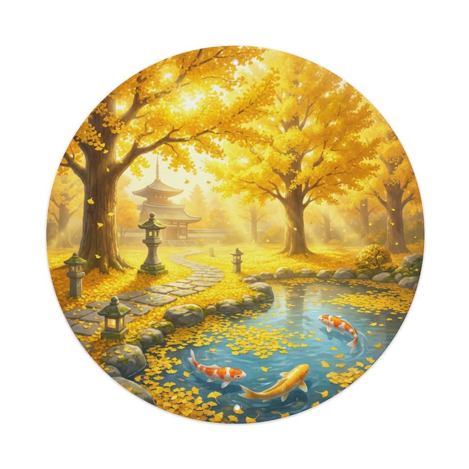 Metal Tin Sign Japanese Koi Fish Ginkgo Autumn Golden Luminous