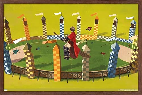 Trends International The Wizarding World Harry Potter - Póster de pared de Harry Quidditch, 14.72 x 22.37 pulgadas, versión enmarcada de caoba