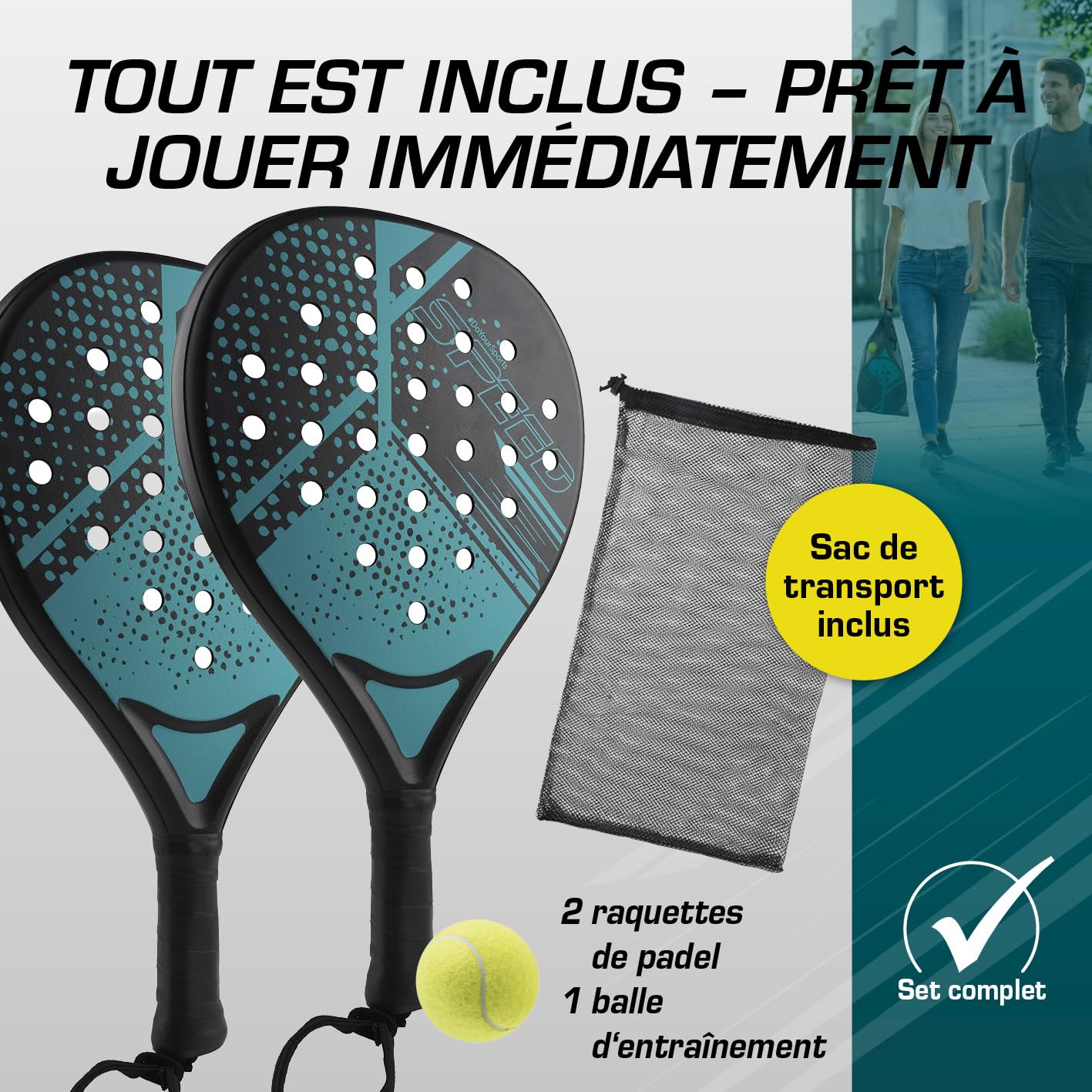 #DoYourSports Kit de Raquettes de Padel | Raquettes de Padel et kit de démarrage, 2 Raquettes pour Le Padel avec Balle et Filet | Poignée antidérapante, idéale pour l'entraînement et Les Loisirs