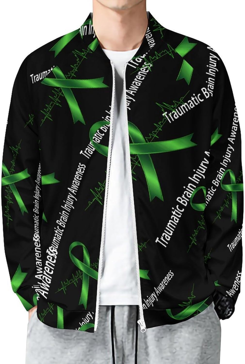 Traumatic Brain Injury Survivor Heartbeat Men's Zip Up Sweatshirt Casual Sweater Jackets Long Sleeve Tops Lightweight Coat