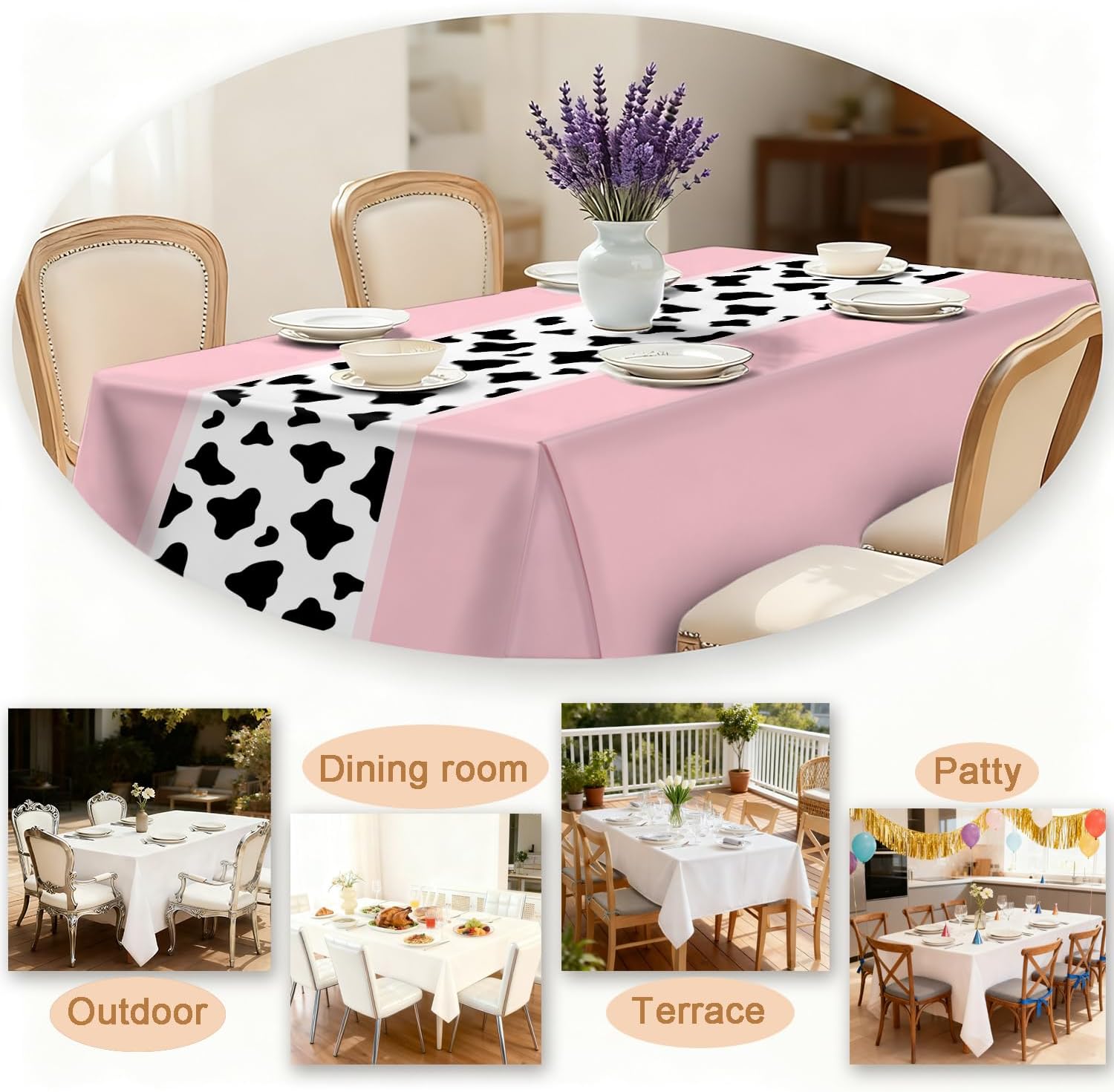 Reusable & Waterproof Rectangular Tablecloths for Kitchens, Parties, Birthdays, Patios, and Outdoor Events Decorations Pink Cow-Patterned Table Cloth,4FT/84 x 60 Inch