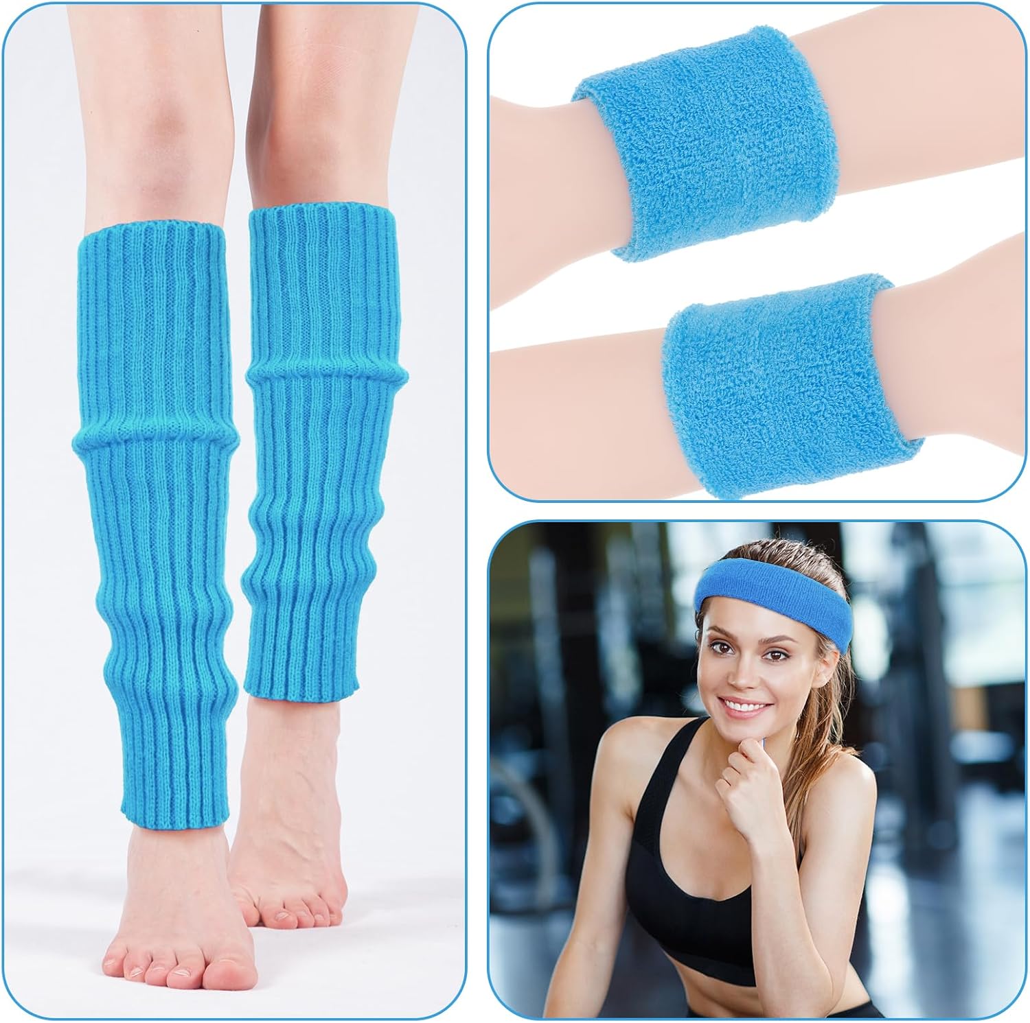 Neon Leg Warmers for Women Headband Wristbands, 90s Blue Leg Warmers Sweatband Set, 80s Workout Outfit for Women Girls Athletic Sports Yoga(Blue) - Image 3