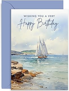 Traditional Male Birthday Card - Watercolour Coastal Sailing Boat Design - Blue Coast Landscape - Blank Inside Envelope