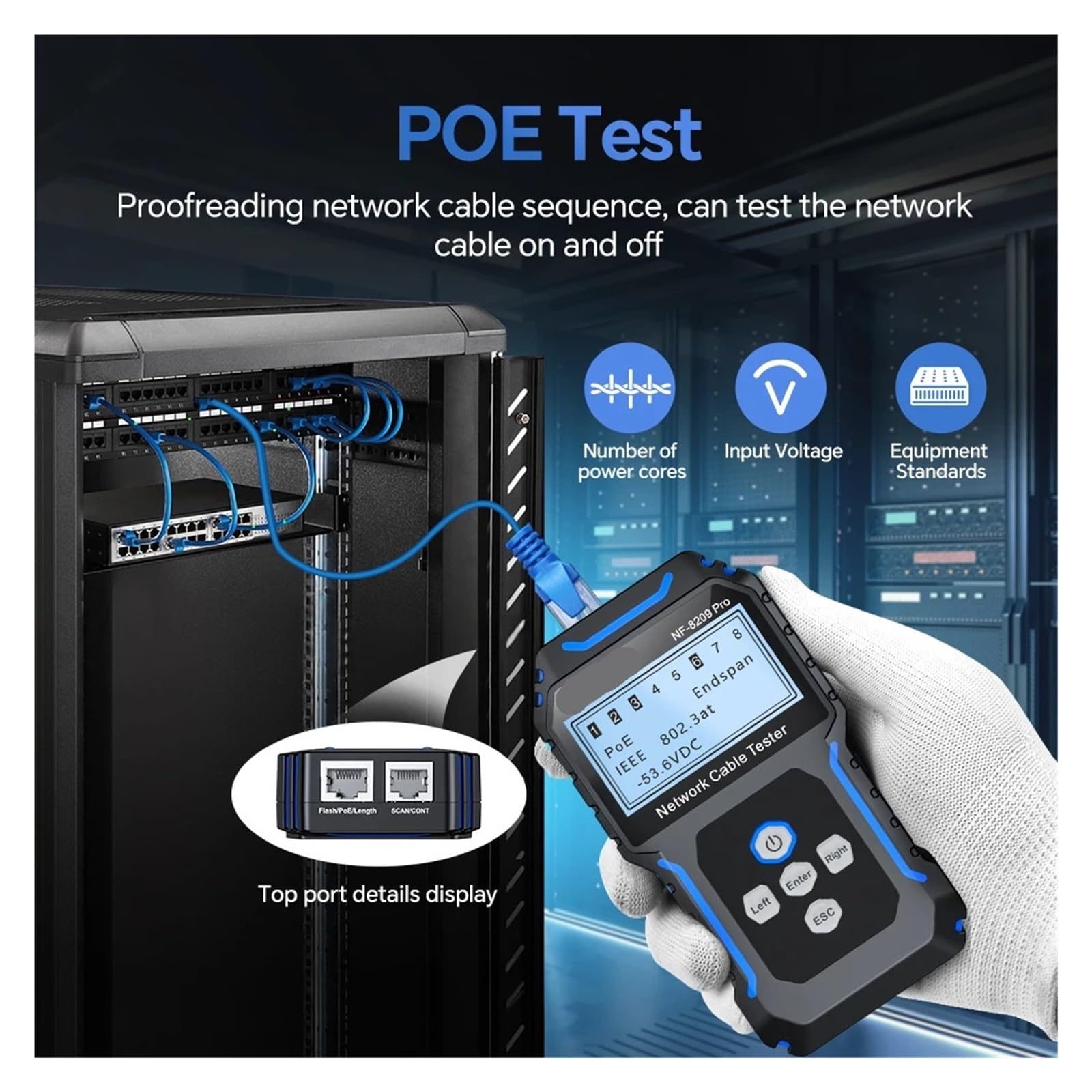 Localizzatore di Cavi, Tester for cavi di rete, tracciamento Cat5 Cat6, tester PoE, rilevamento lunghezza, test continuità con NCV e lampada