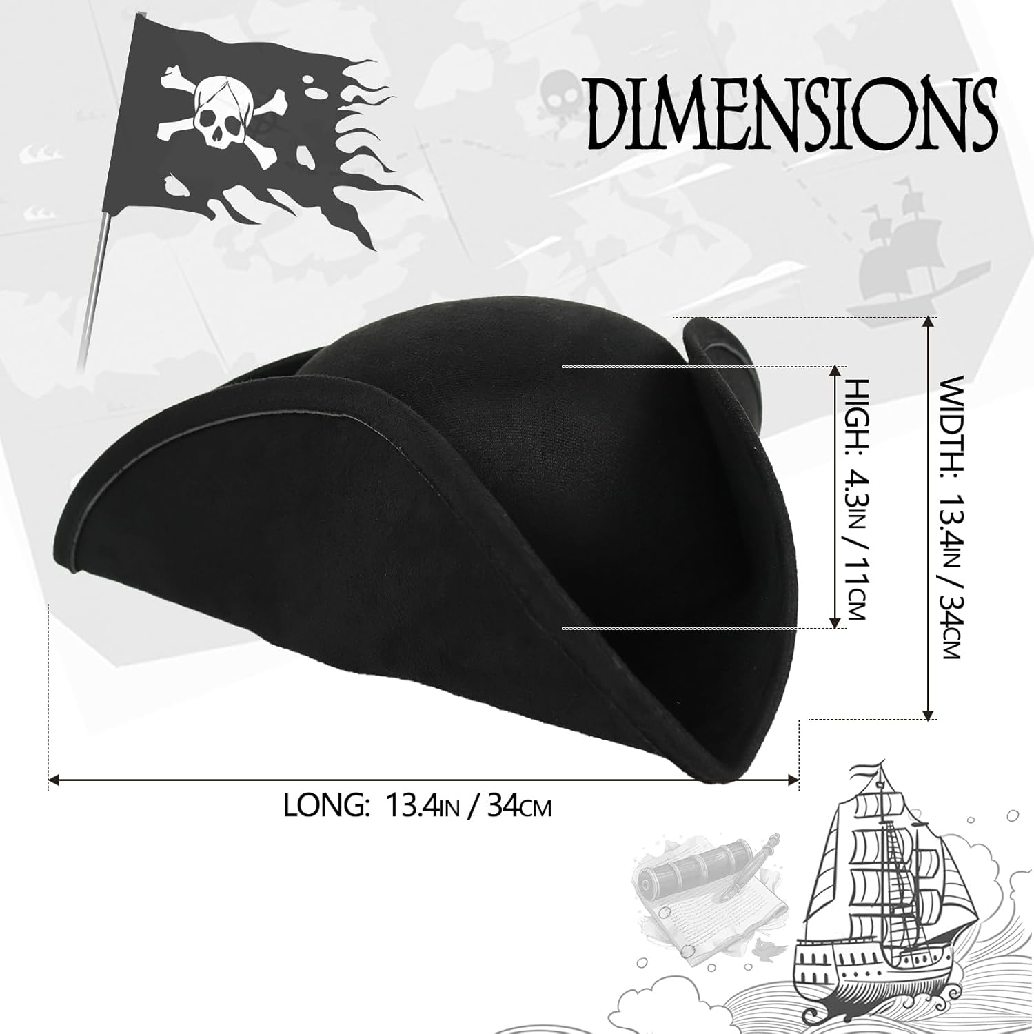 HOMELEX Adult Pirate Hat for Women Colonial Tricon Hat Halloween Costume Accessory - Image 2