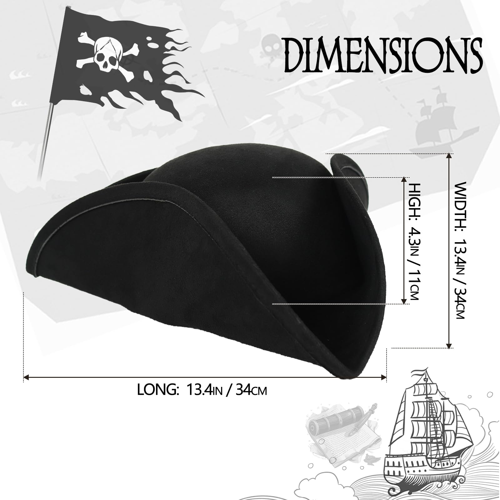 UQJE Authentischer Piratenhut für Damen, Erwachsenen-Leder-Dreihornhut, Halloween, Kolonial-Kostüm-Zubehör